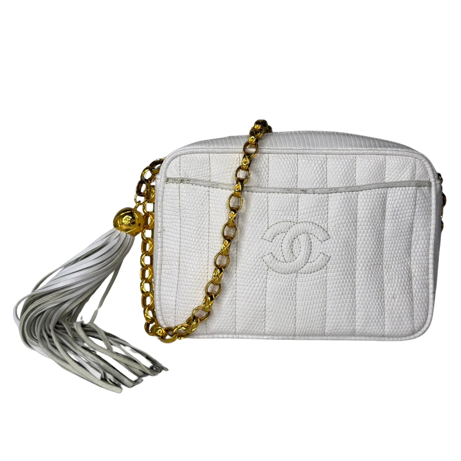 Chanel Vintage White Lizard Tassel Camera Crossbody Bag