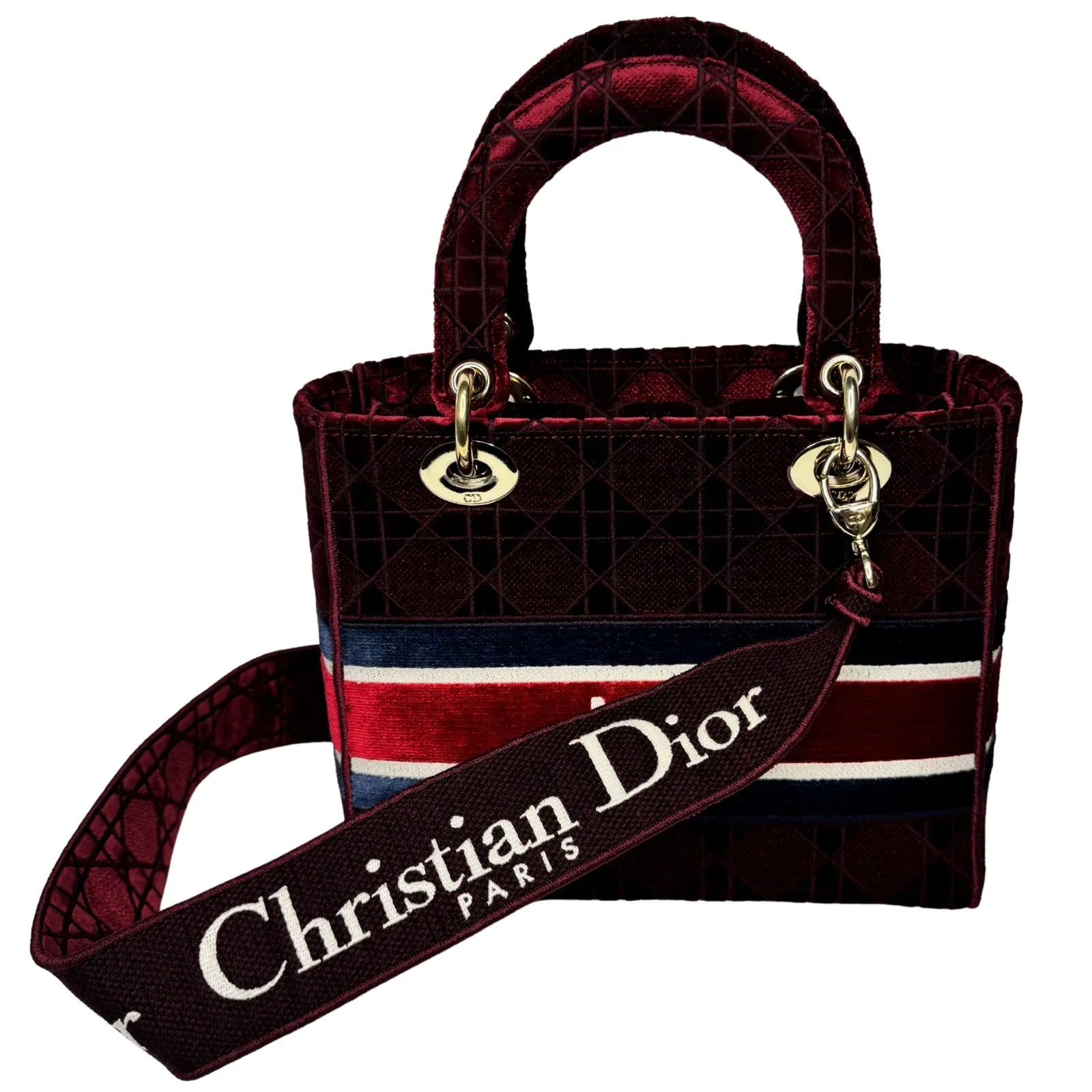 Christian Dior Velvet Cannage Medium Lady D-Lite Bag Burguandy