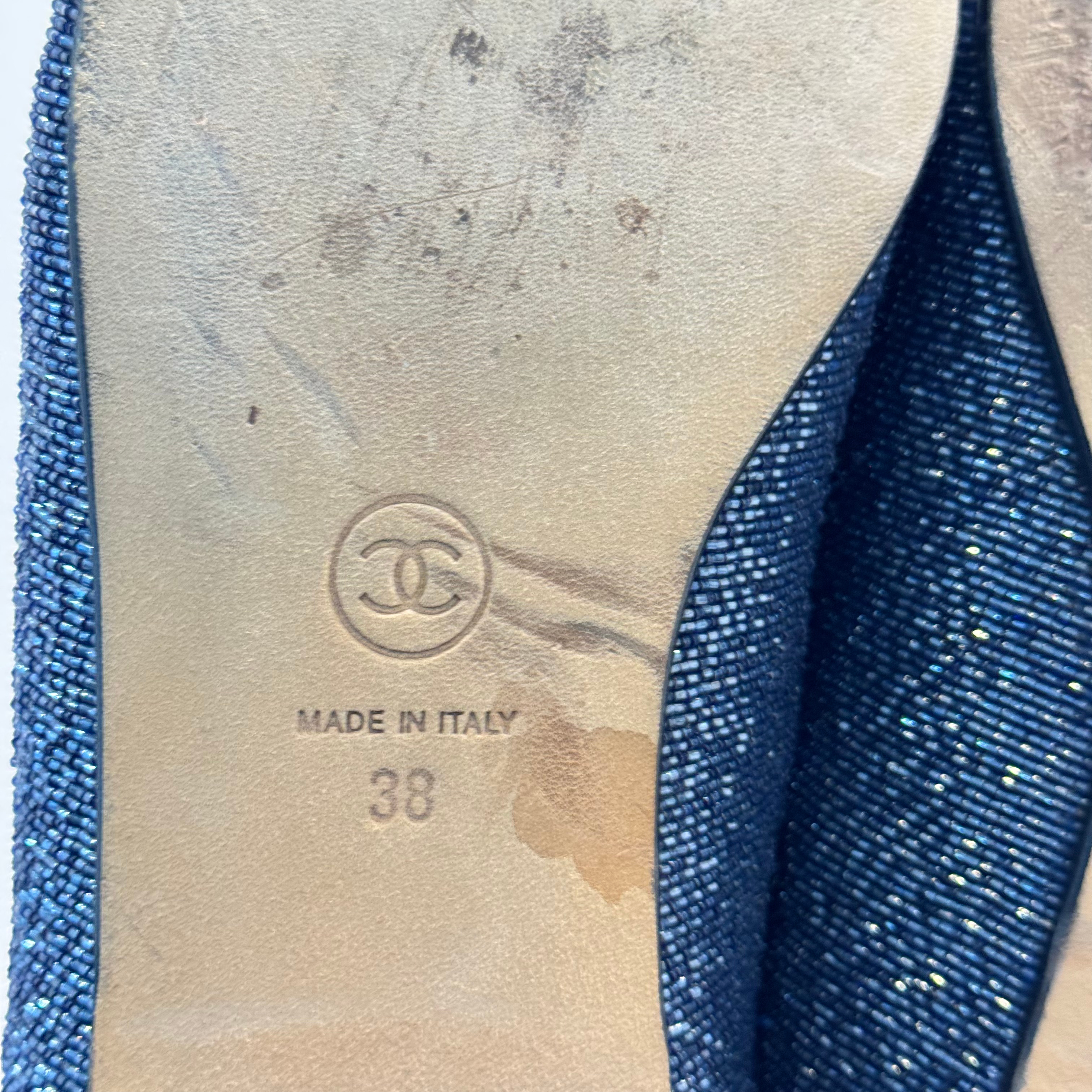 Chanel Glitter Loafers Lurex Fabric 38 Blue/Black