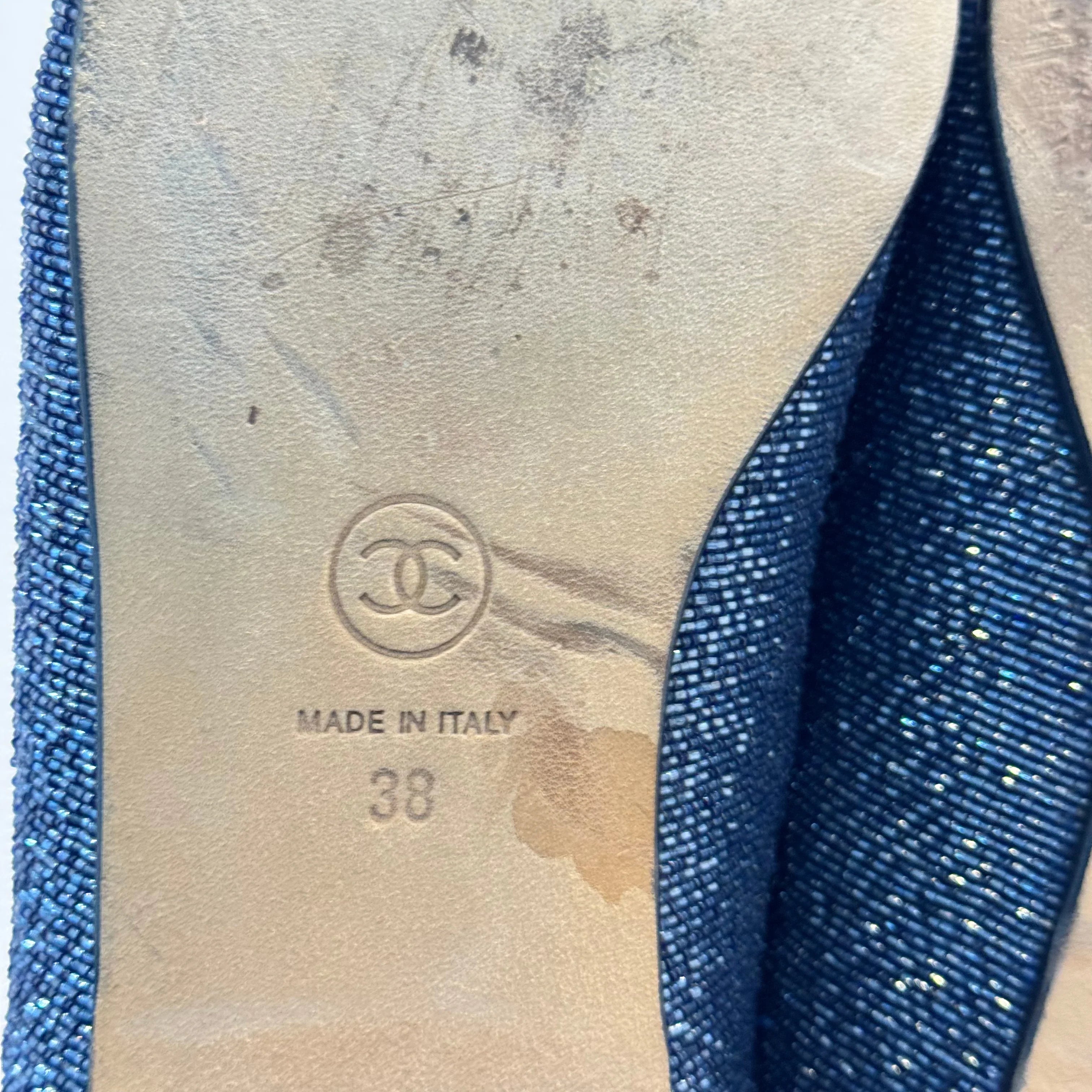 Chanel Glitter Loafers Lurex Fabric 38 Blue/Black - Lost Designer