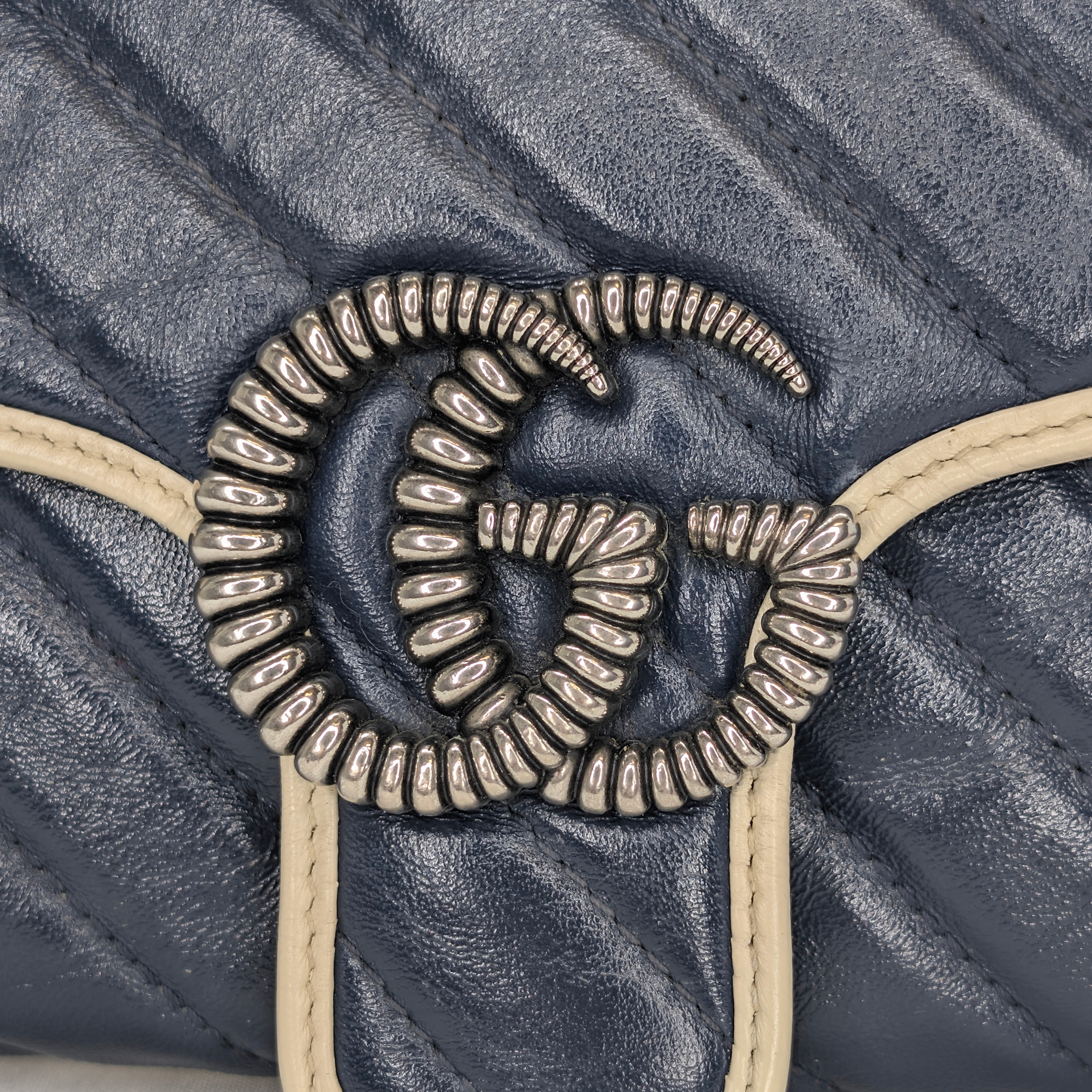 Gucci GG Marmont Matelassé Torchon Flap Crossbody Bag Navy White