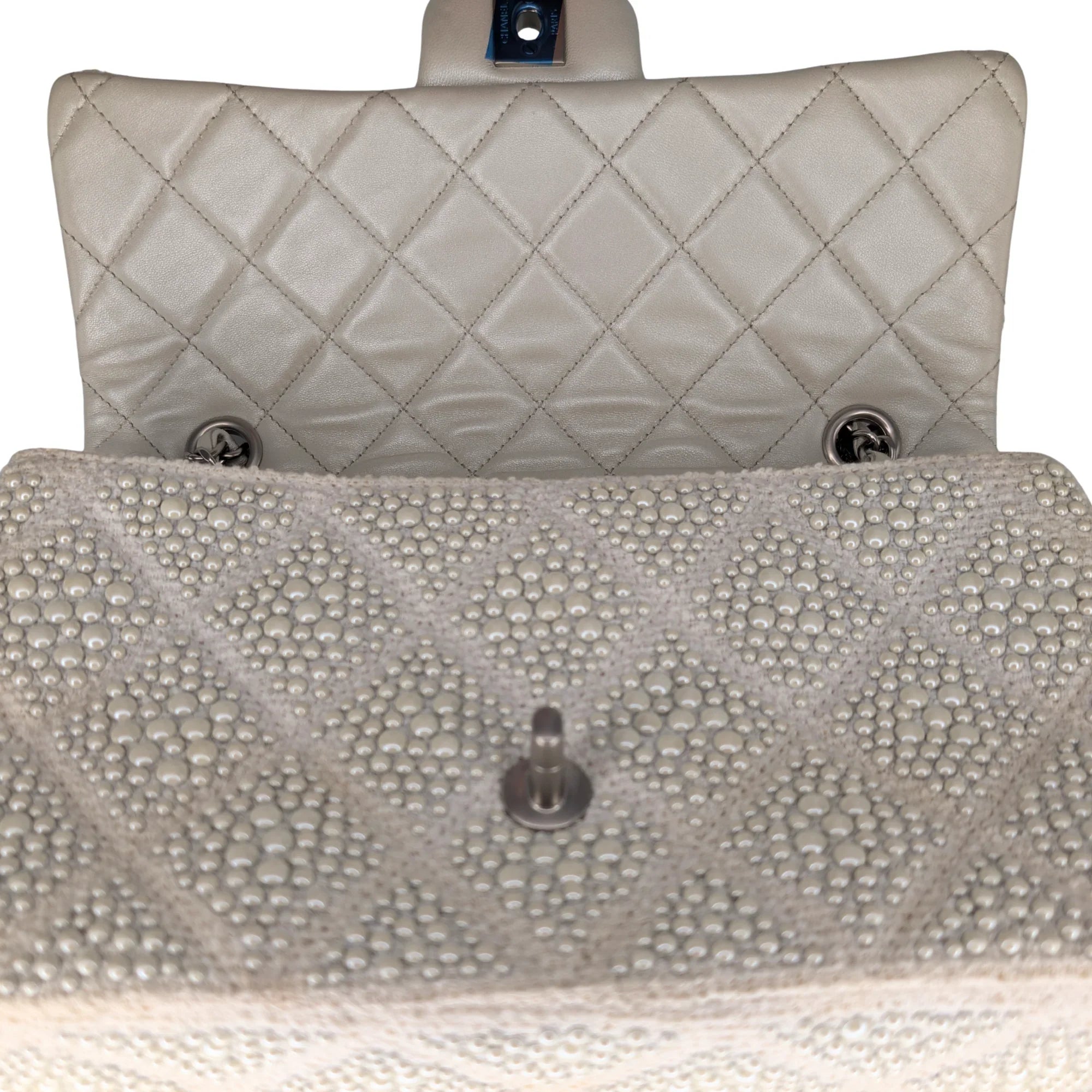Chanel Classic Flap Pearl Embellished Shoulder Bag White - Lost Designer