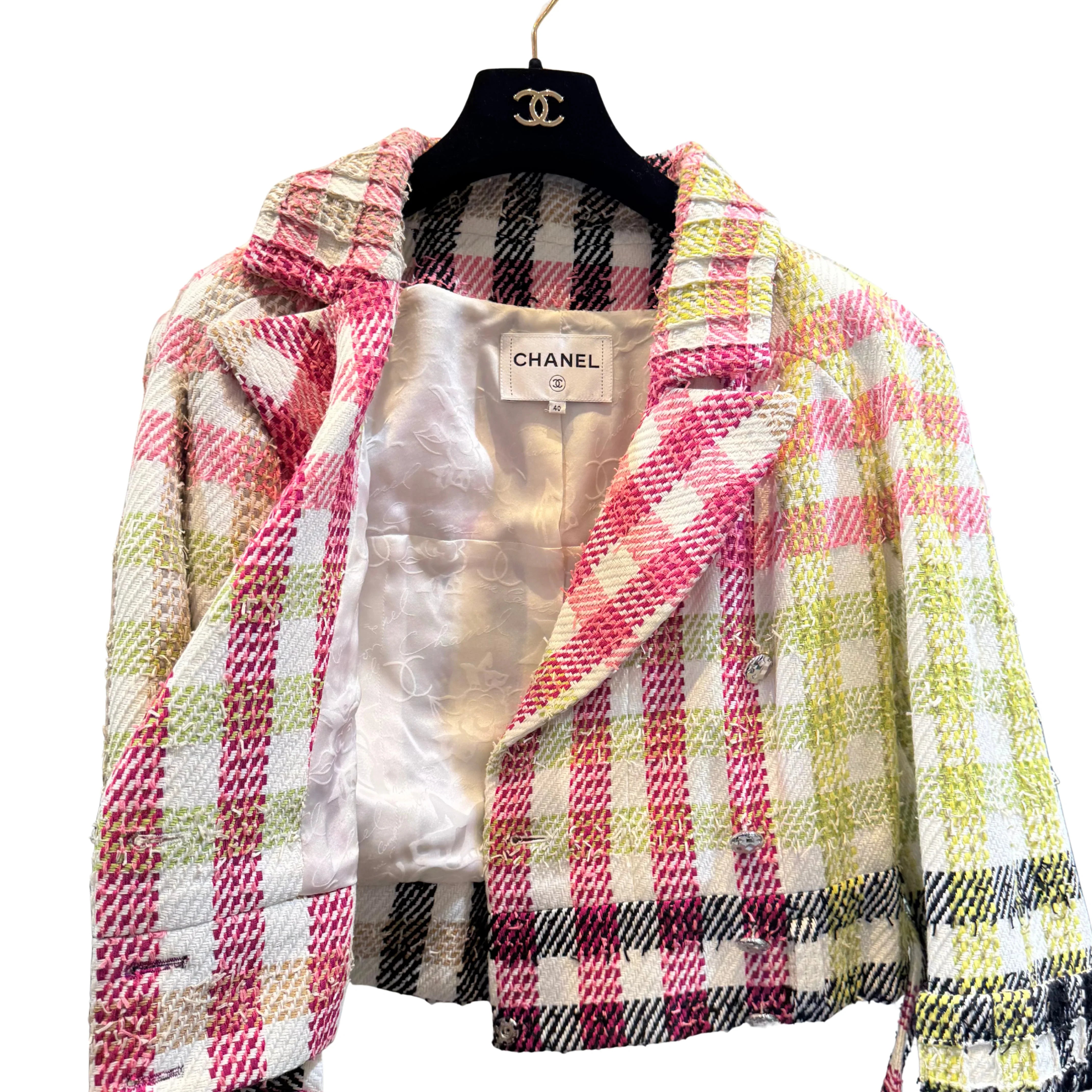 Chanel Multicolor Checked Tweed Cropped Belted Jacket size 40
