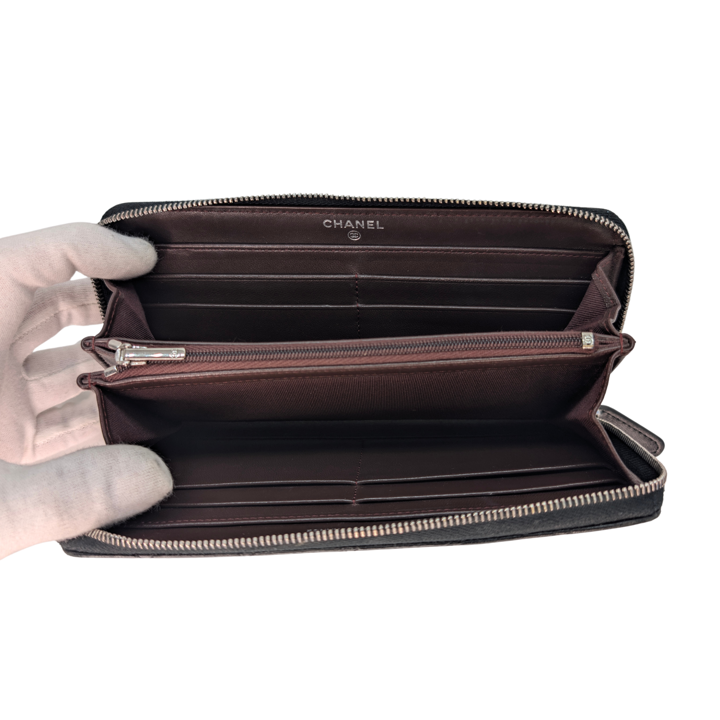 Chanel Lambskin Quilted Large Gusset Zip Around Wallet Black