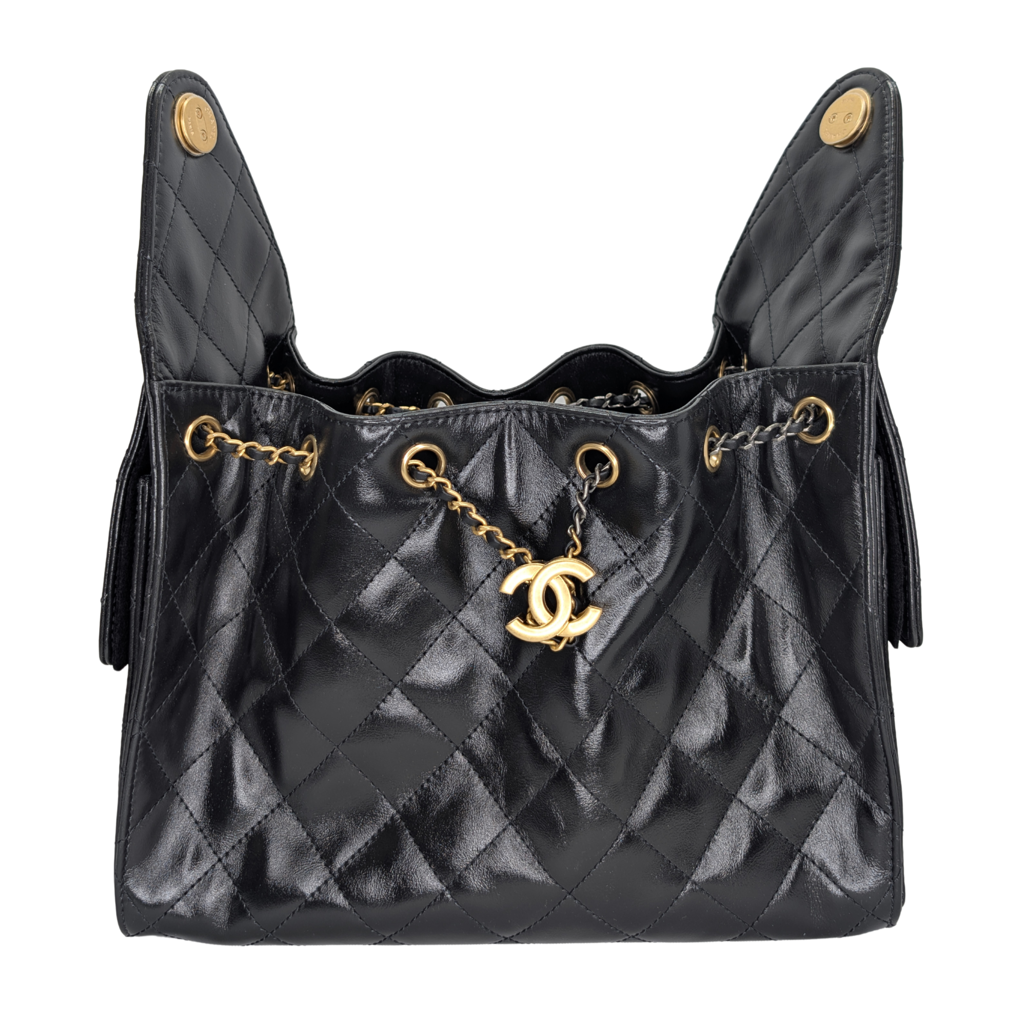 Chanel Small 25 Gold Tone Crumpled Calfskin Handbag Black