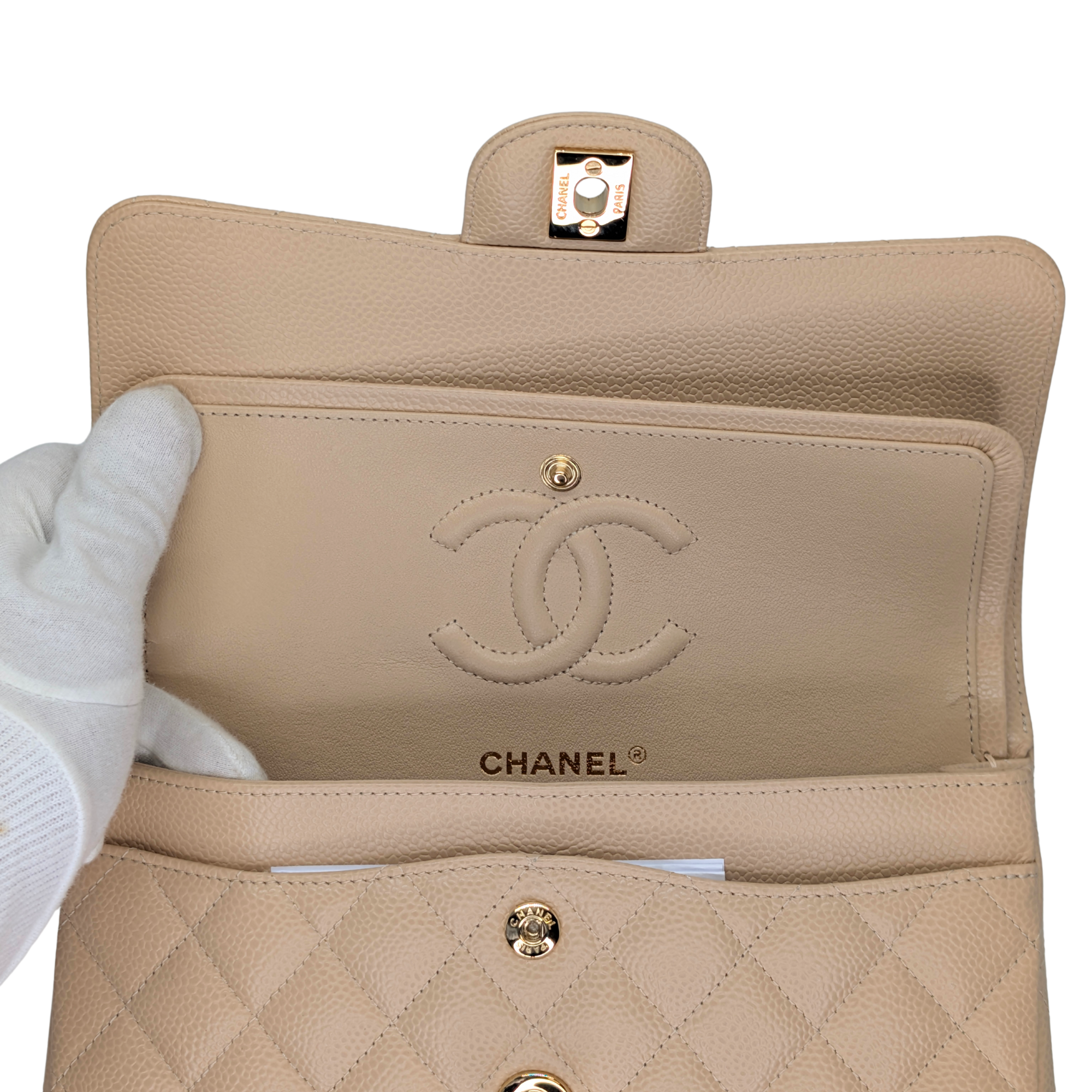 Chanel Classic Flap Small Caviar 2022 Microchip Shoulder Bag Beige