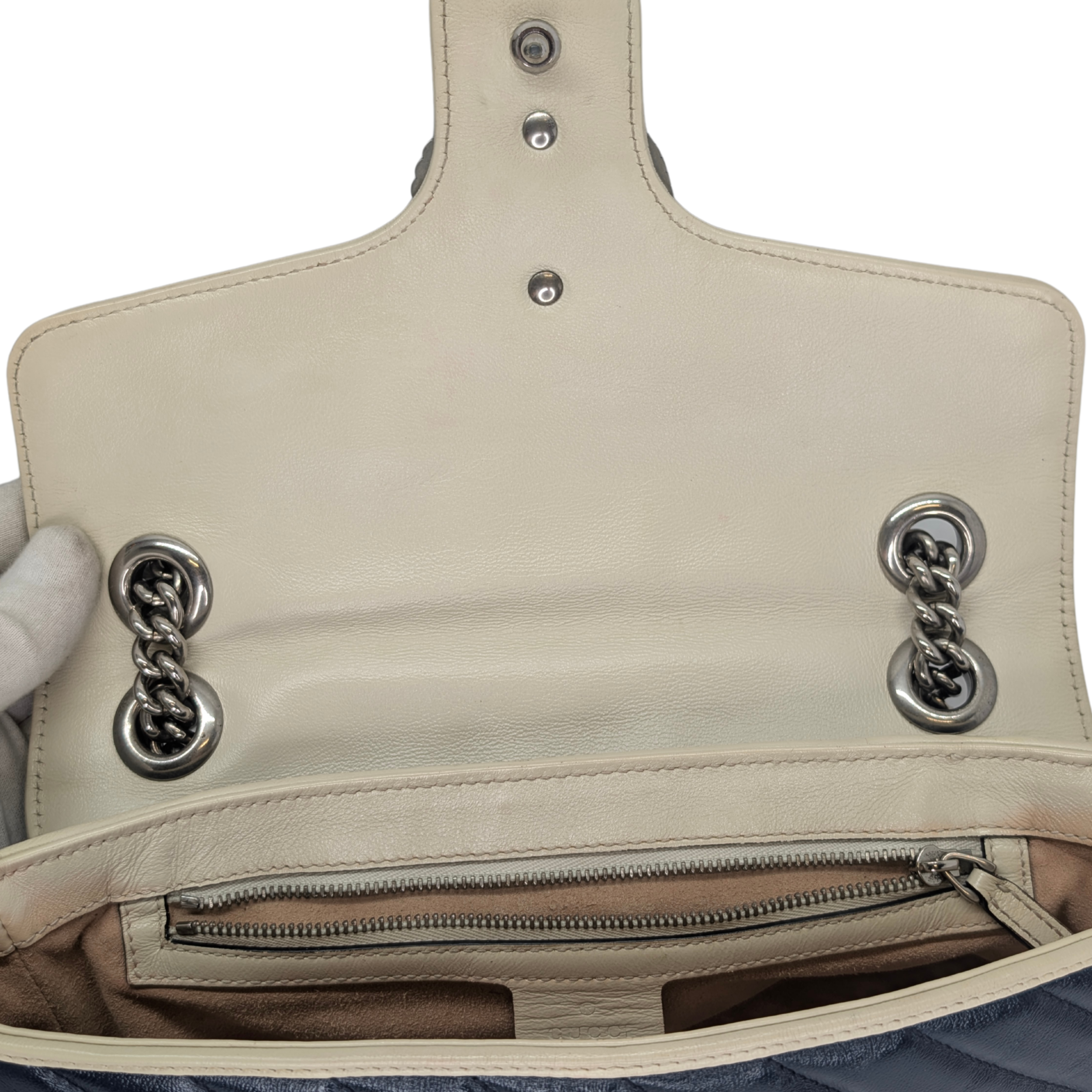 Gucci GG Marmont Matelassé Torchon Flap Crossbody Bag Navy White