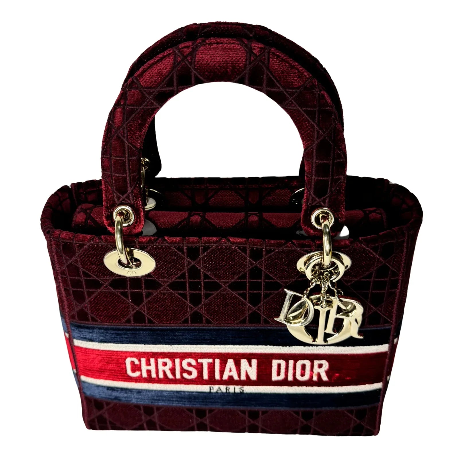 Christian Dior Velvet Cannage Medium Lady D-Lite Bag Burguandy