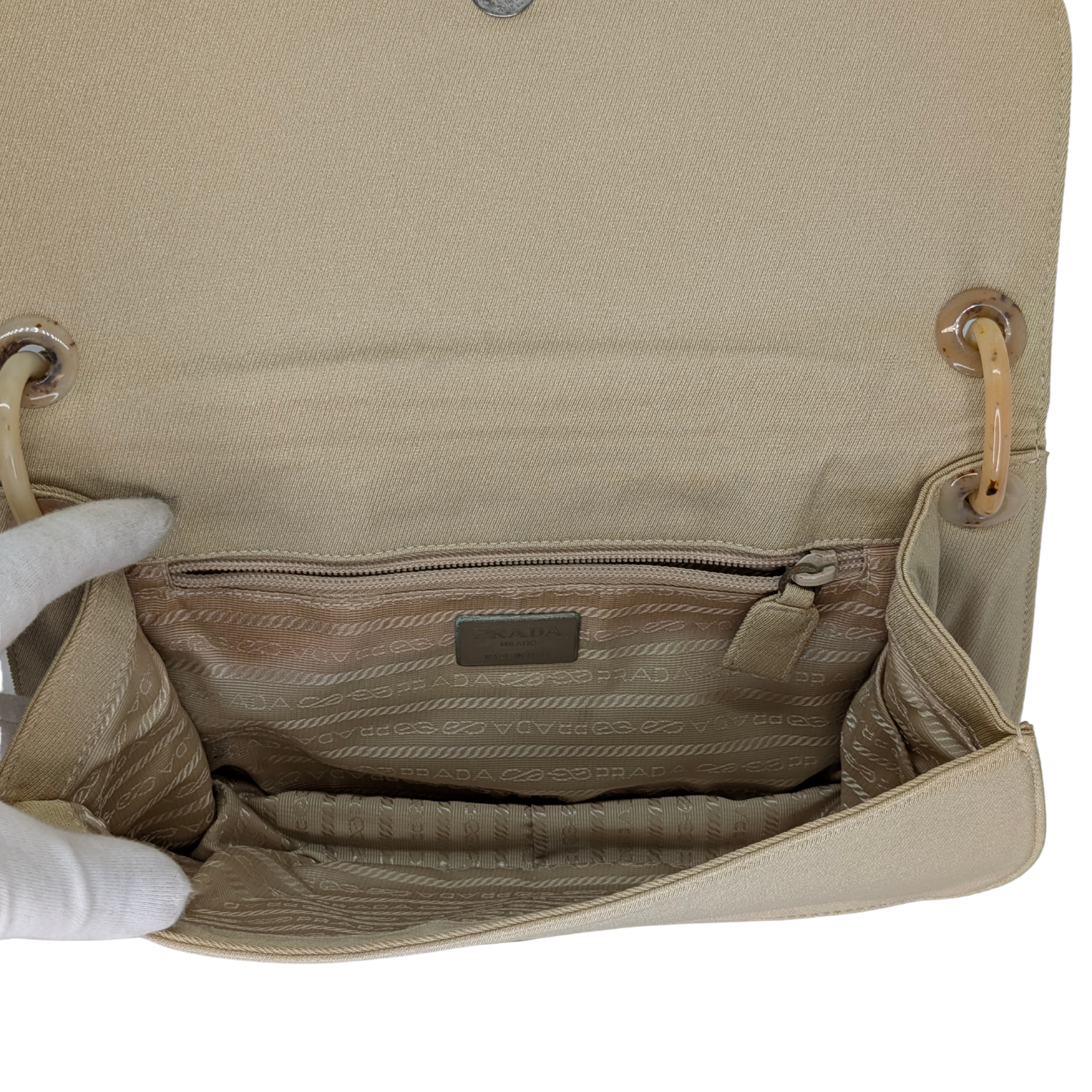 Prada Canvas & Tortoise Shell Shoulder Bag Beige