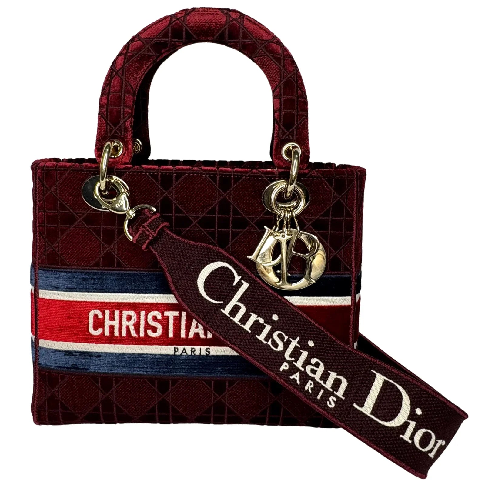 Christian Dior Velvet Cannage Medium Lady D-Lite Bag Burguandy