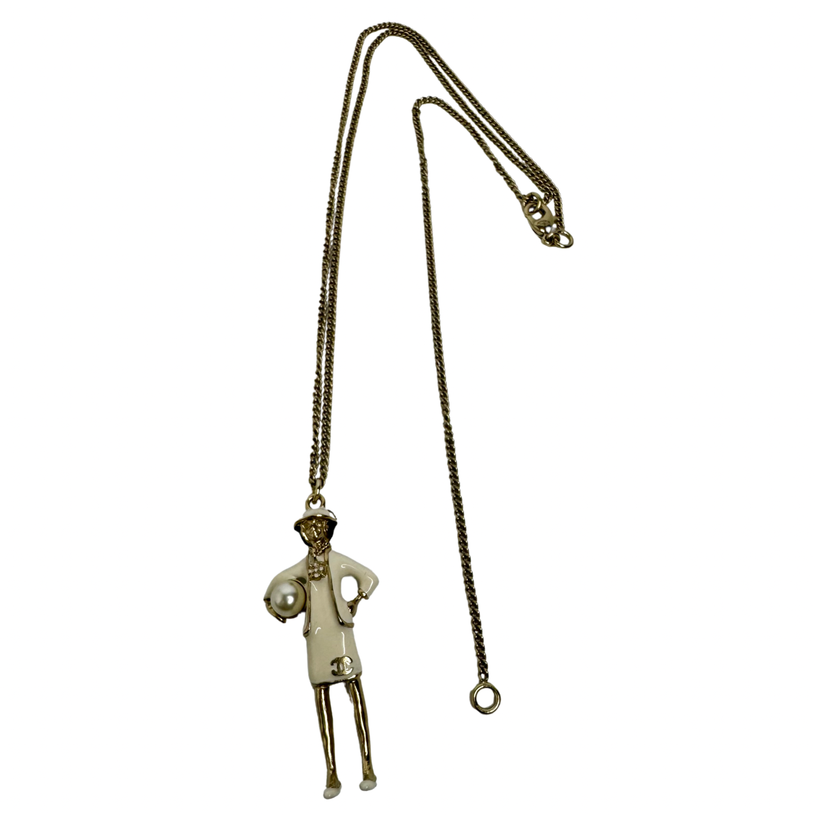 Chanel Mademoiselle Figurine Enamel Pearl Coco CC Pendant Necklace