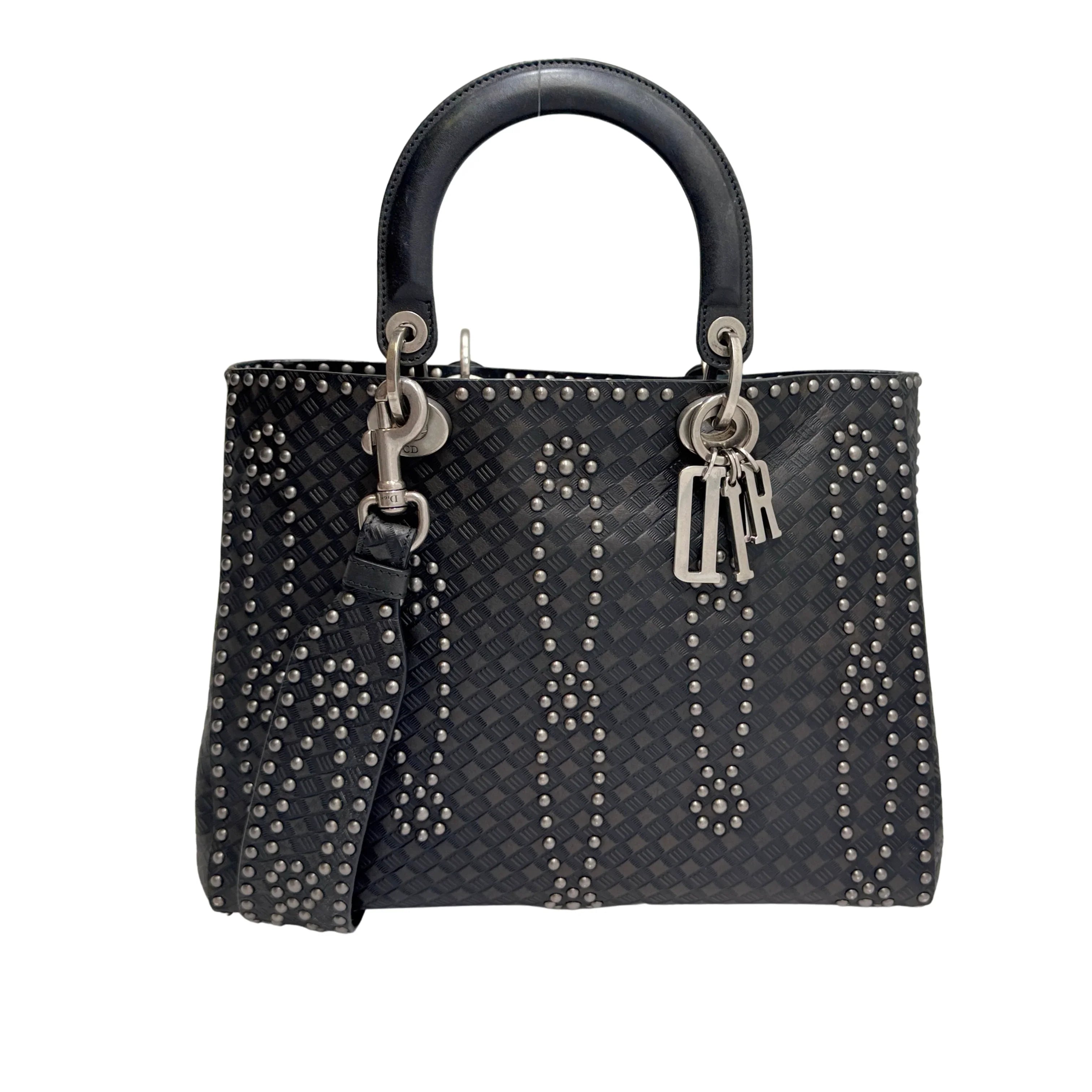 Christian Dior Large Lady Dior Studded Handbag Black - Lost Designer