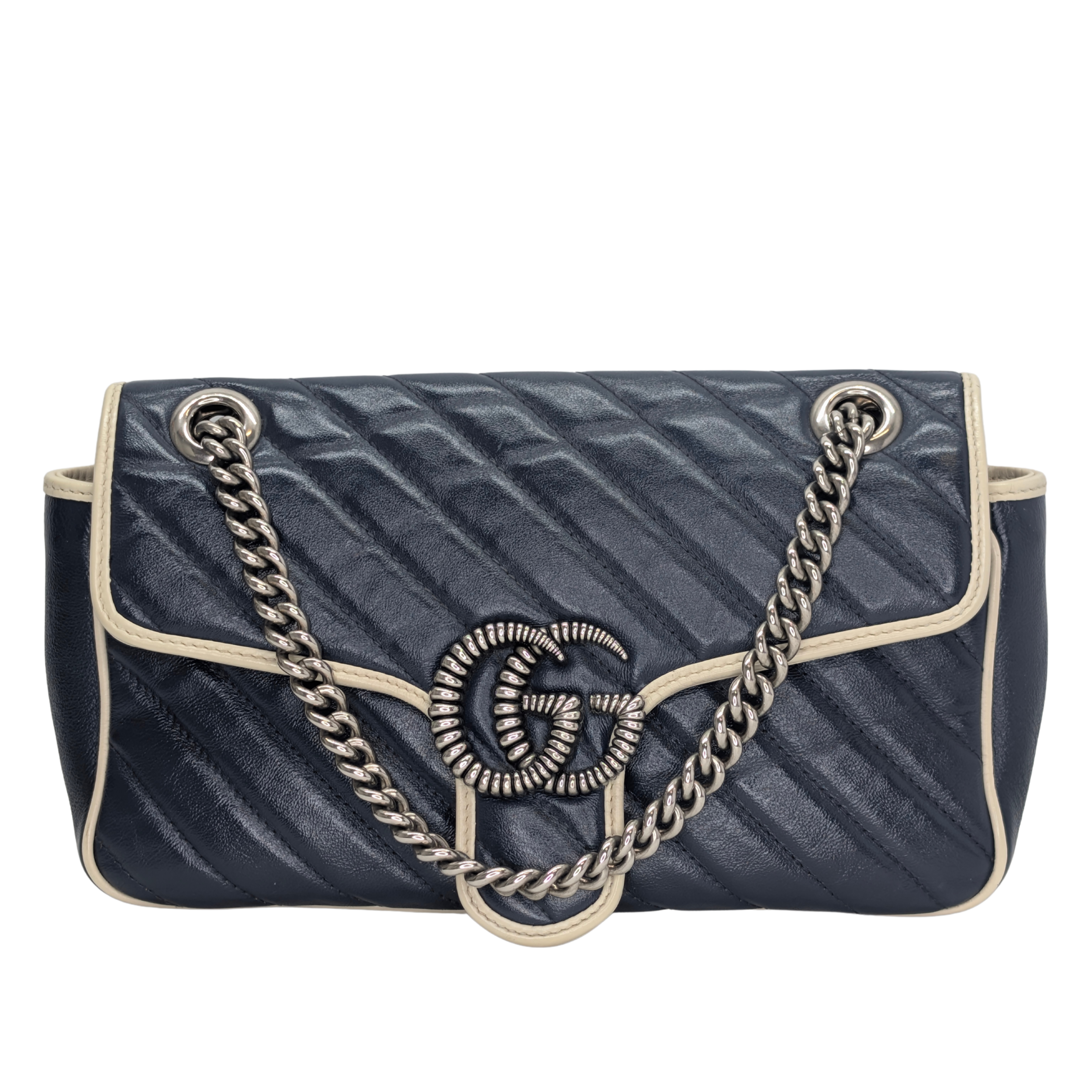Gucci GG Marmont Matelassé Torchon Flap Crossbody Bag Navy White