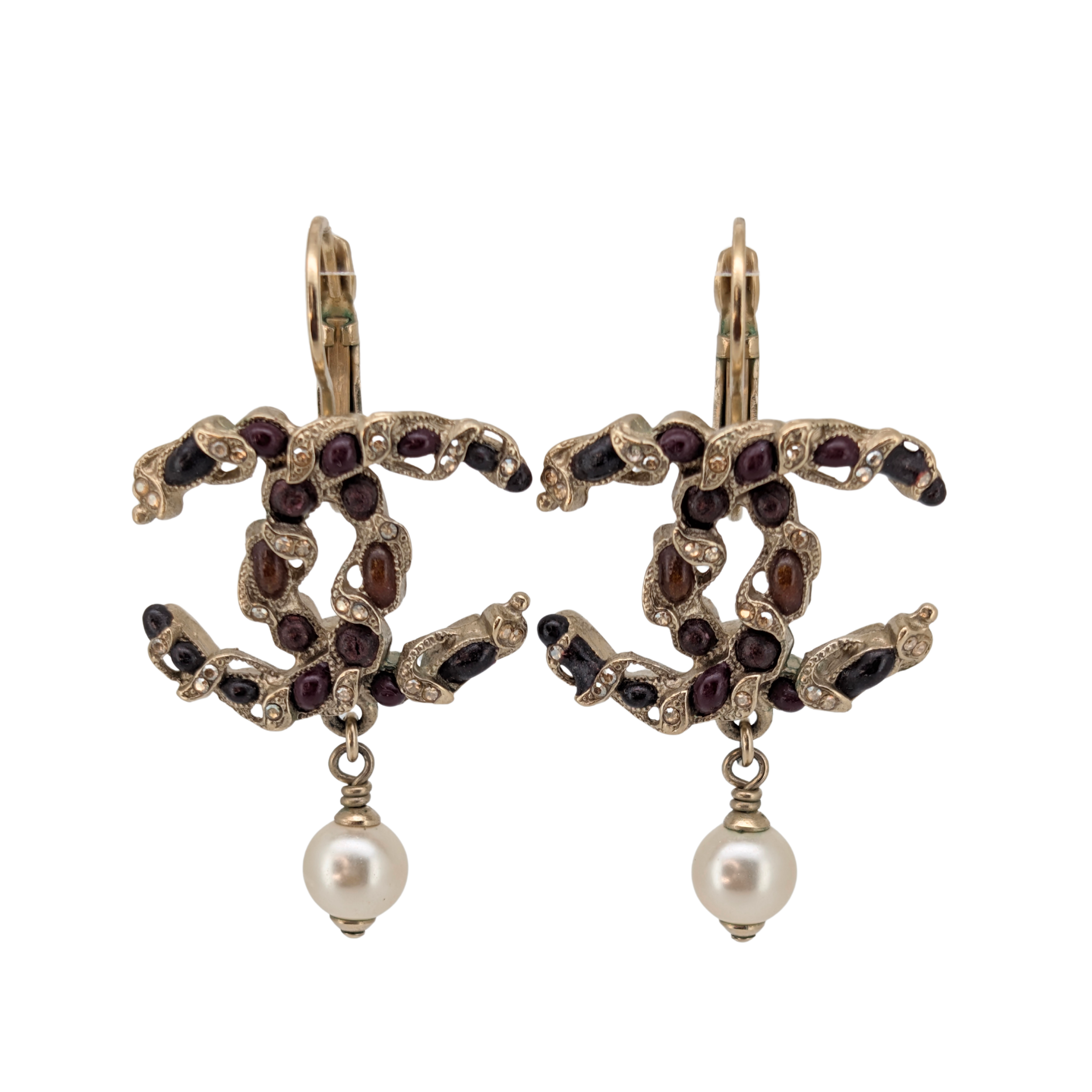 Chanel Large CC Drop Earrings with Faux Pearl Gold Tone