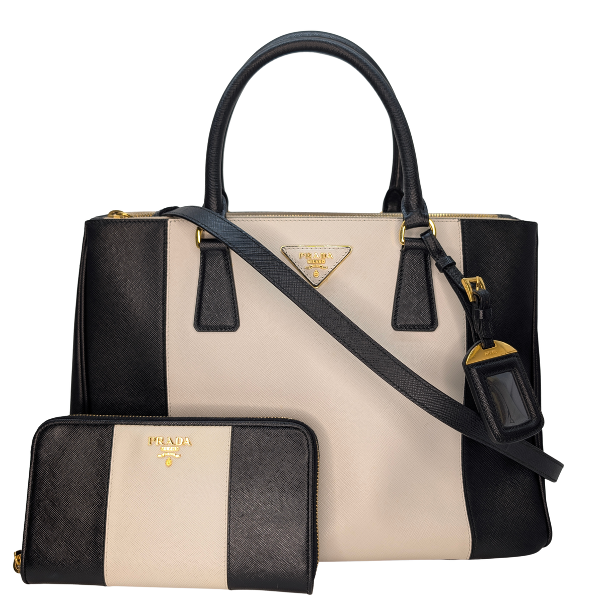 普拉达 Saffiano Lux 中号 Galleria 双拉链托特包 黑色X白色