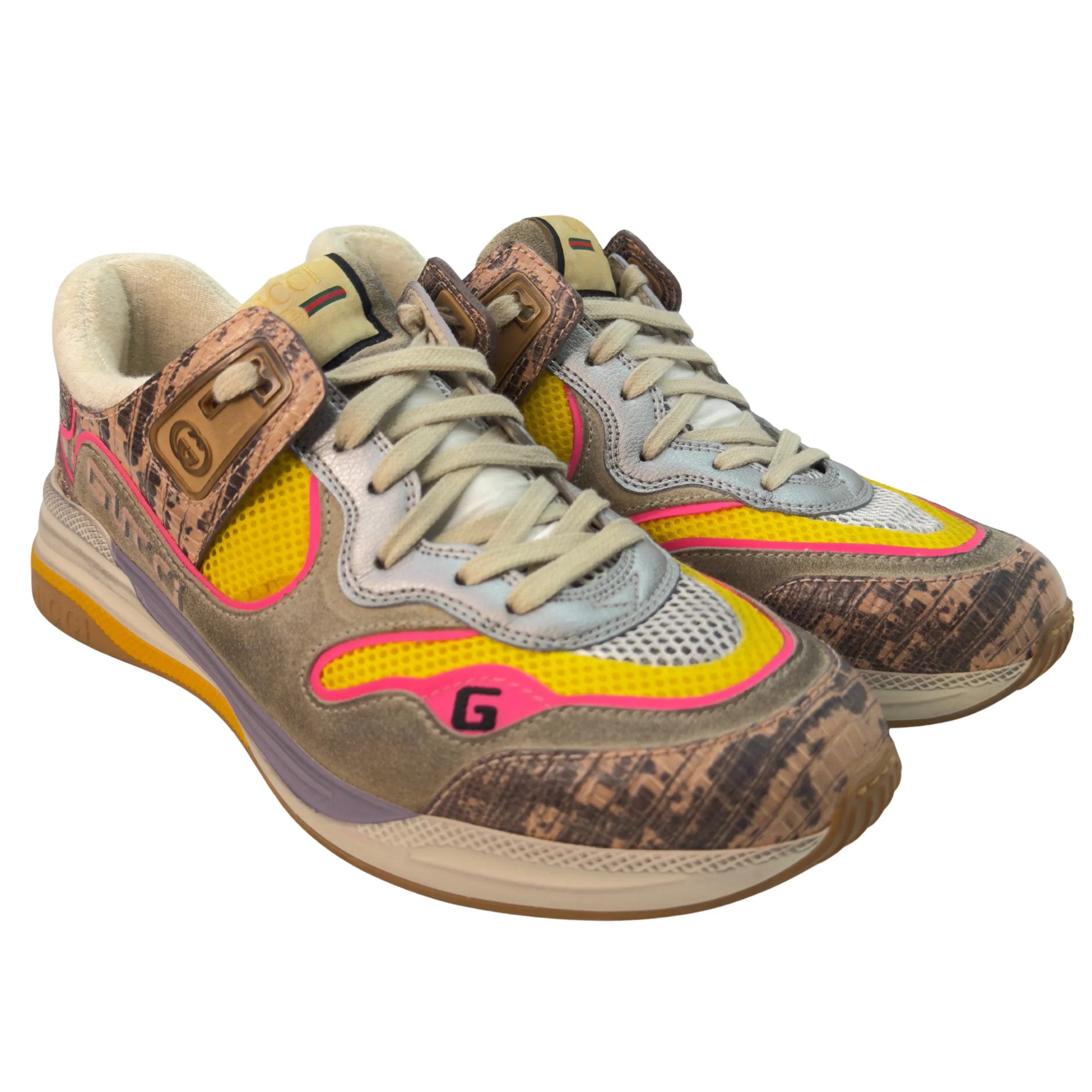 Gucci Suede Calfskin Tejus Printed Womens Ultrapace Sneakers Pink Silver Oatmeal Yolk 39 - Lost Designer