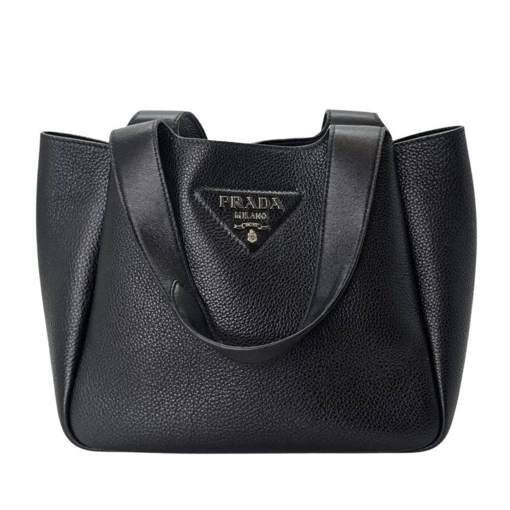 Prada Daino Soft Medium Dynamique Tote Bag Black - Lost Designer