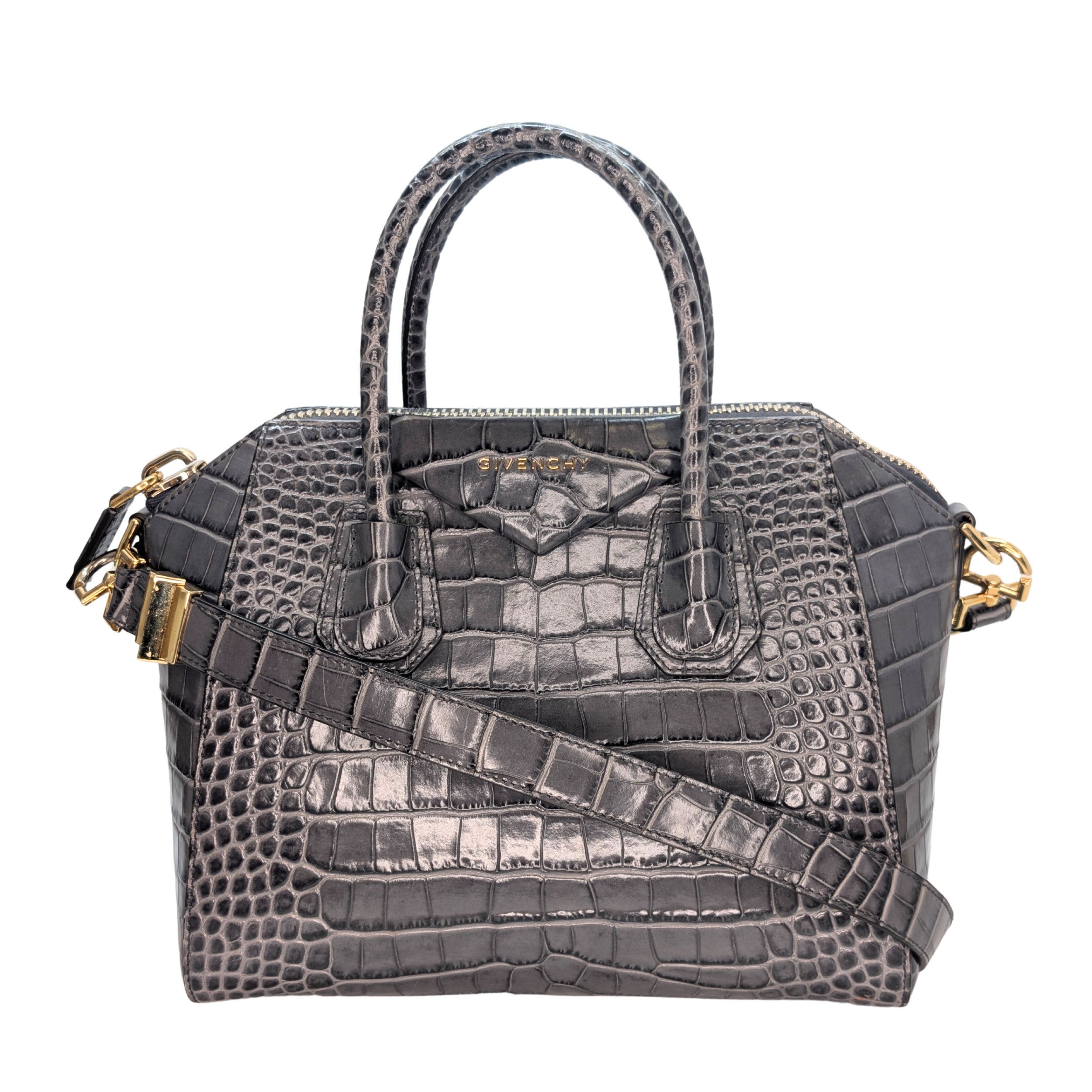 Givenchy Small Antigona Black Crocodile Embossed Bag Storm Grey