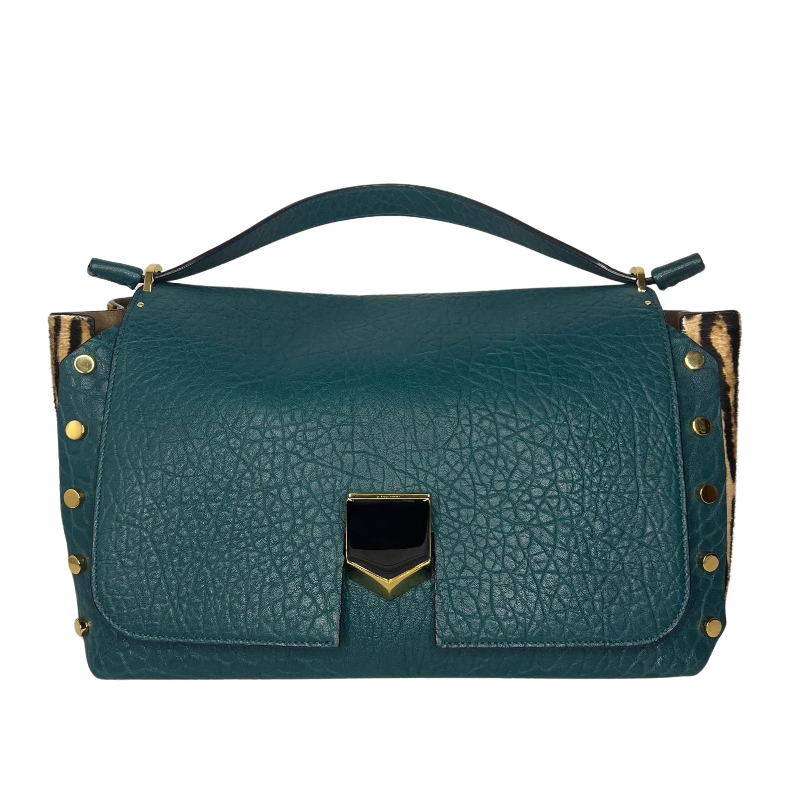 Jimmy Choo Lockett/XB Medium Bag – Teal Leather & Leopard Pony Hair