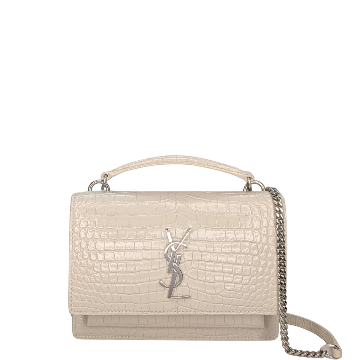 Saint Laurent Sunset Small Croc-Embossed Crossbody Biege