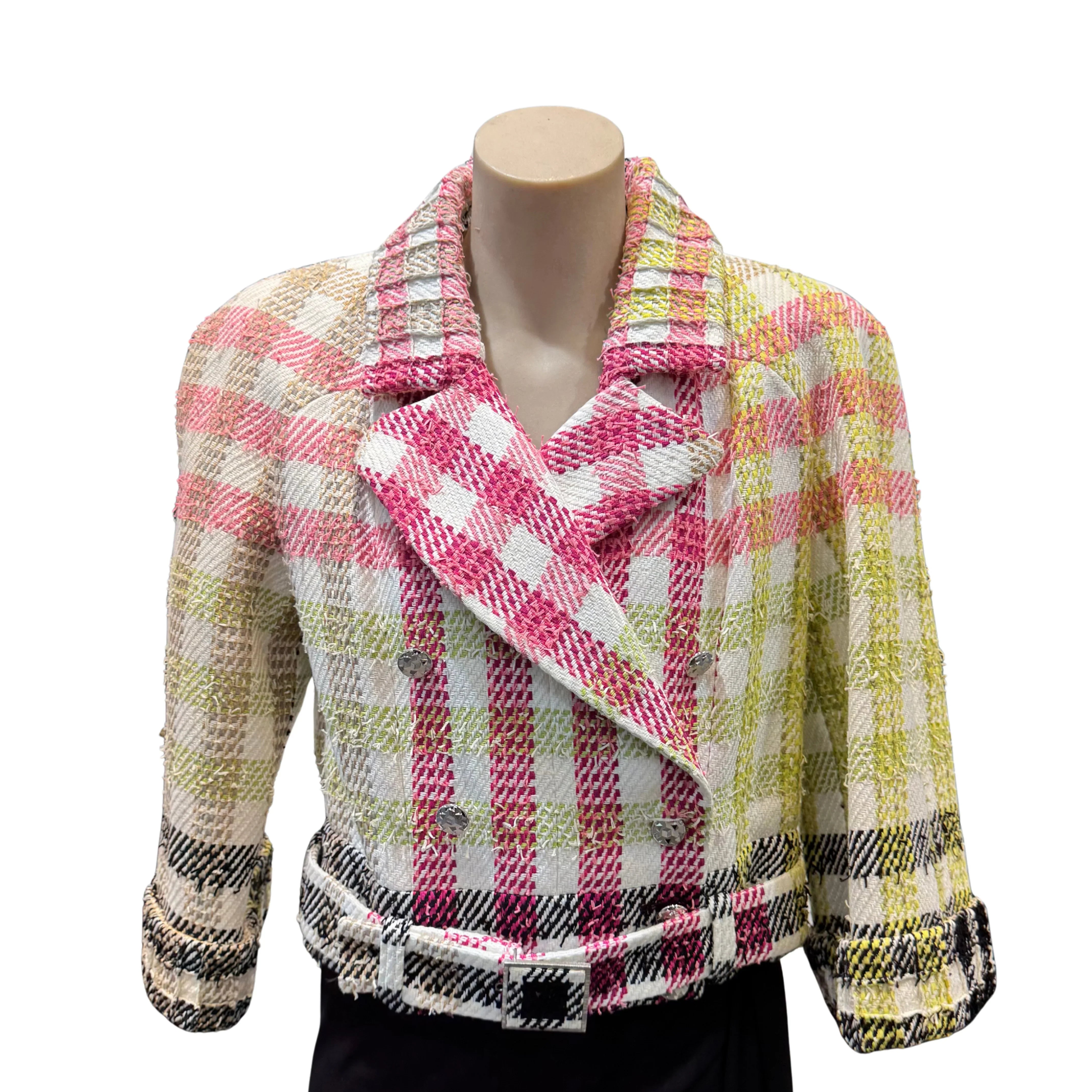 Chanel Multicolor Checked Tweed Cropped Belted Jacket size 40