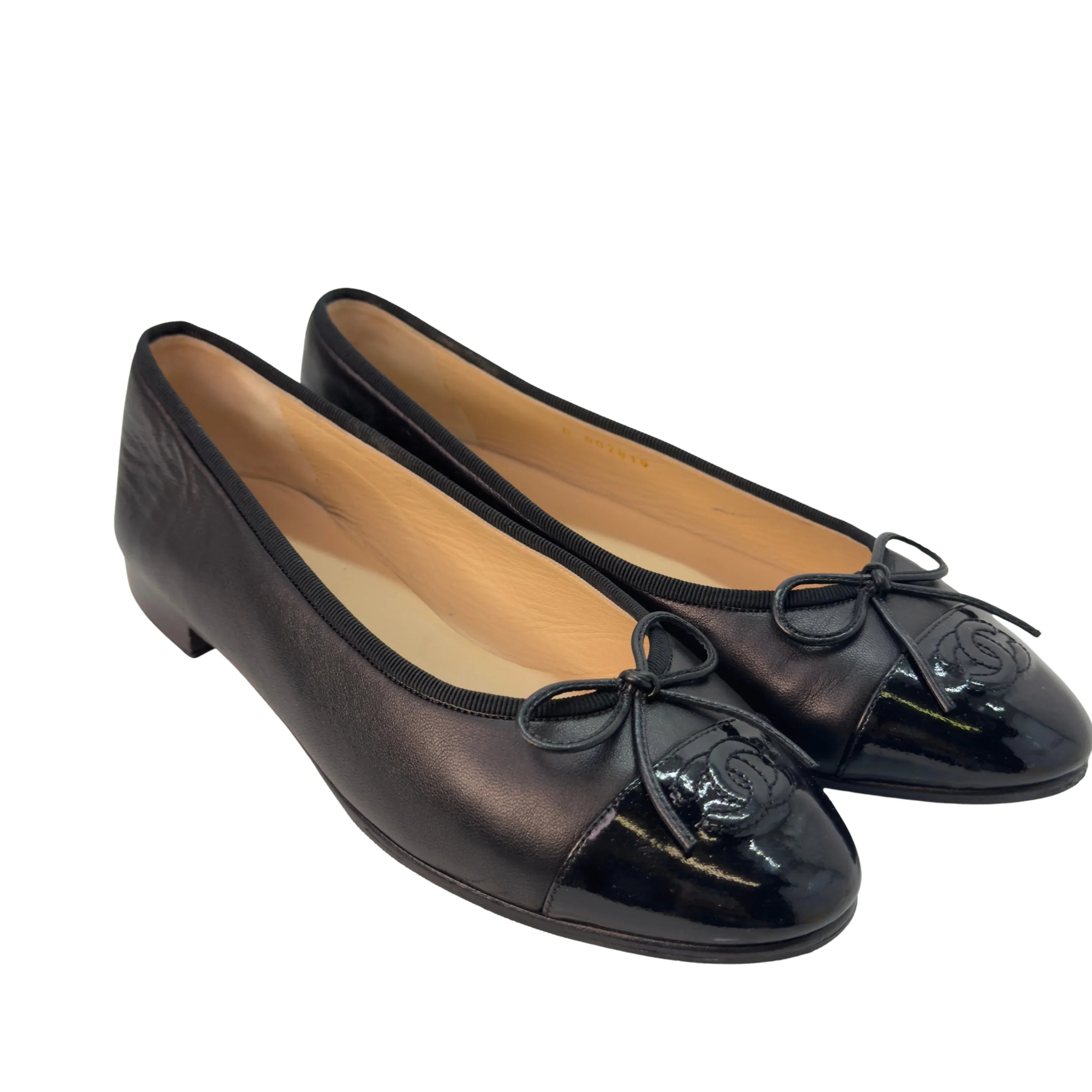 Chanel Patent Leather Cap Toe Ballerina Flats Black 39.5 - Lost Designer