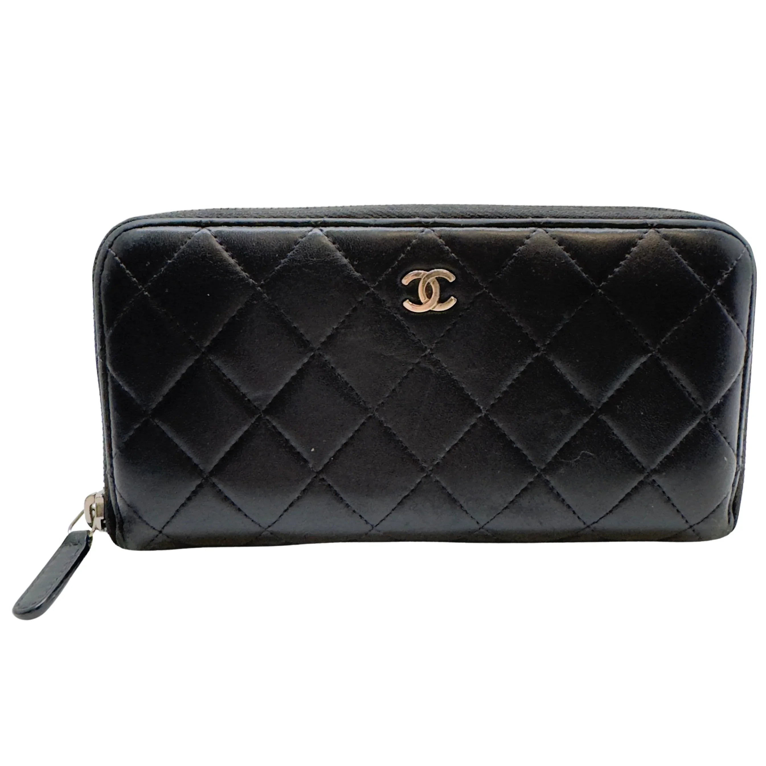 Chanel Lambskin Quilted Large Gusset Zip Around Wallet Black - Lost Designer