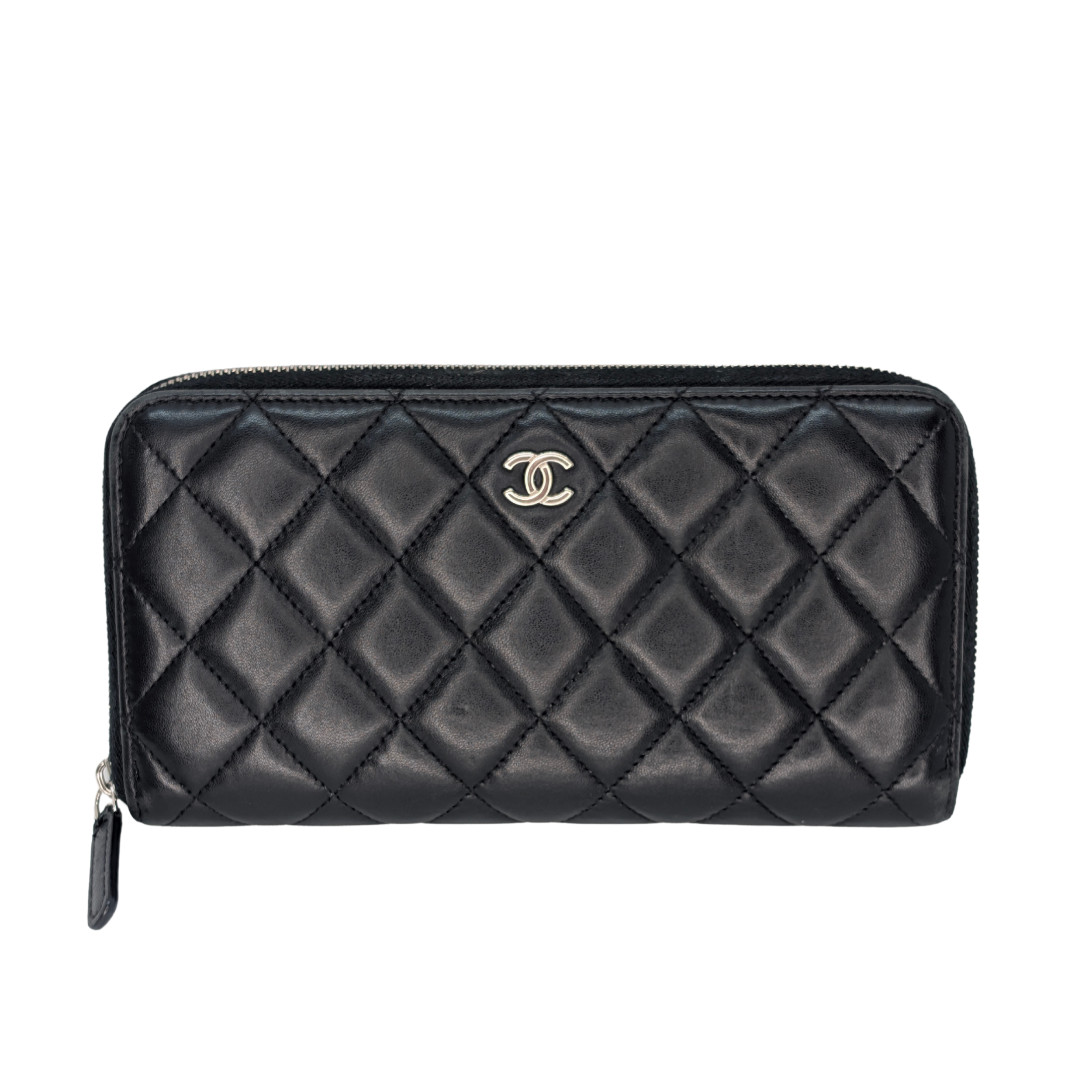 Chanel Lambskin Quilted Large Gusset Zip Around Wallet Black