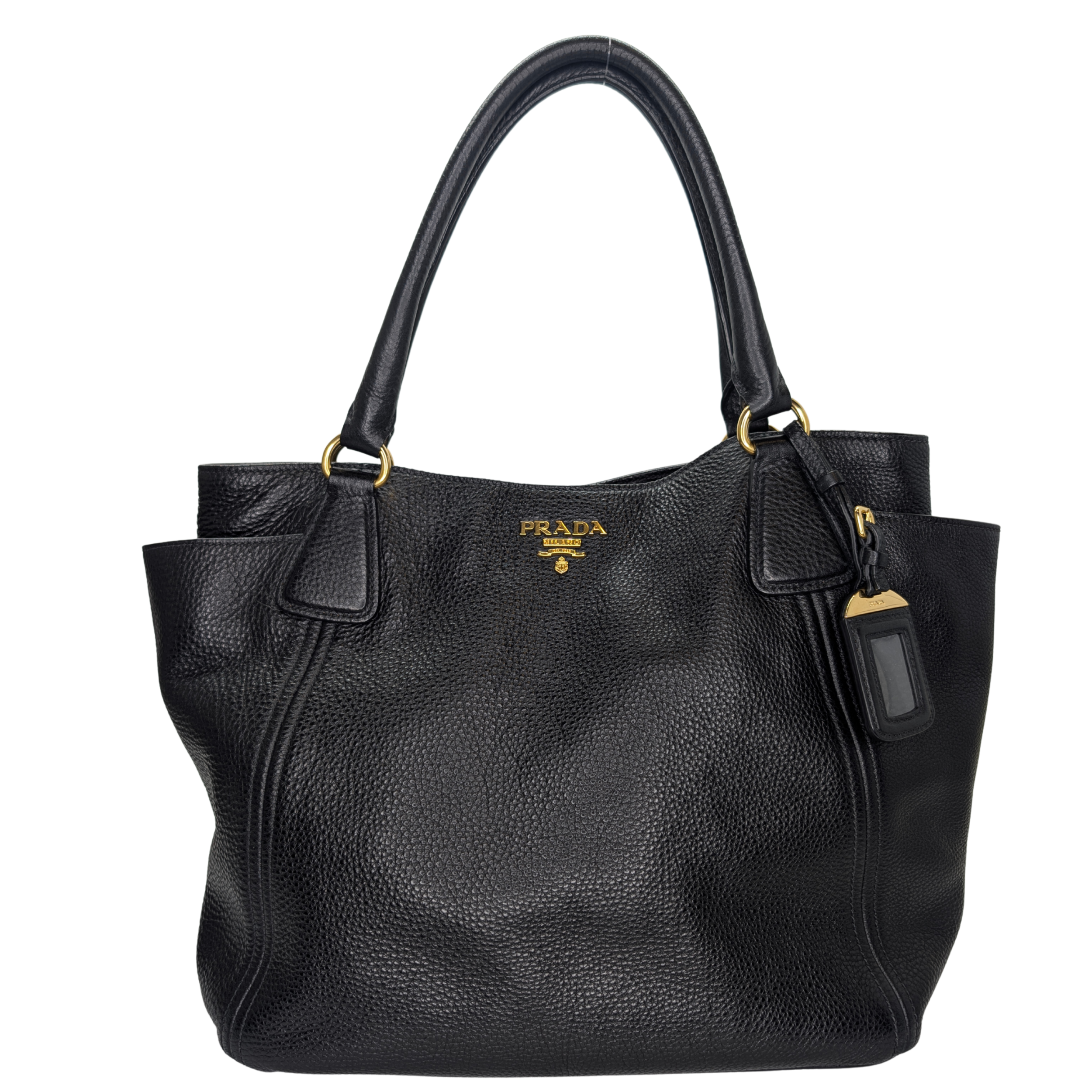 Prada Vitello Daino Side Pocket Leather Tote Bag Black