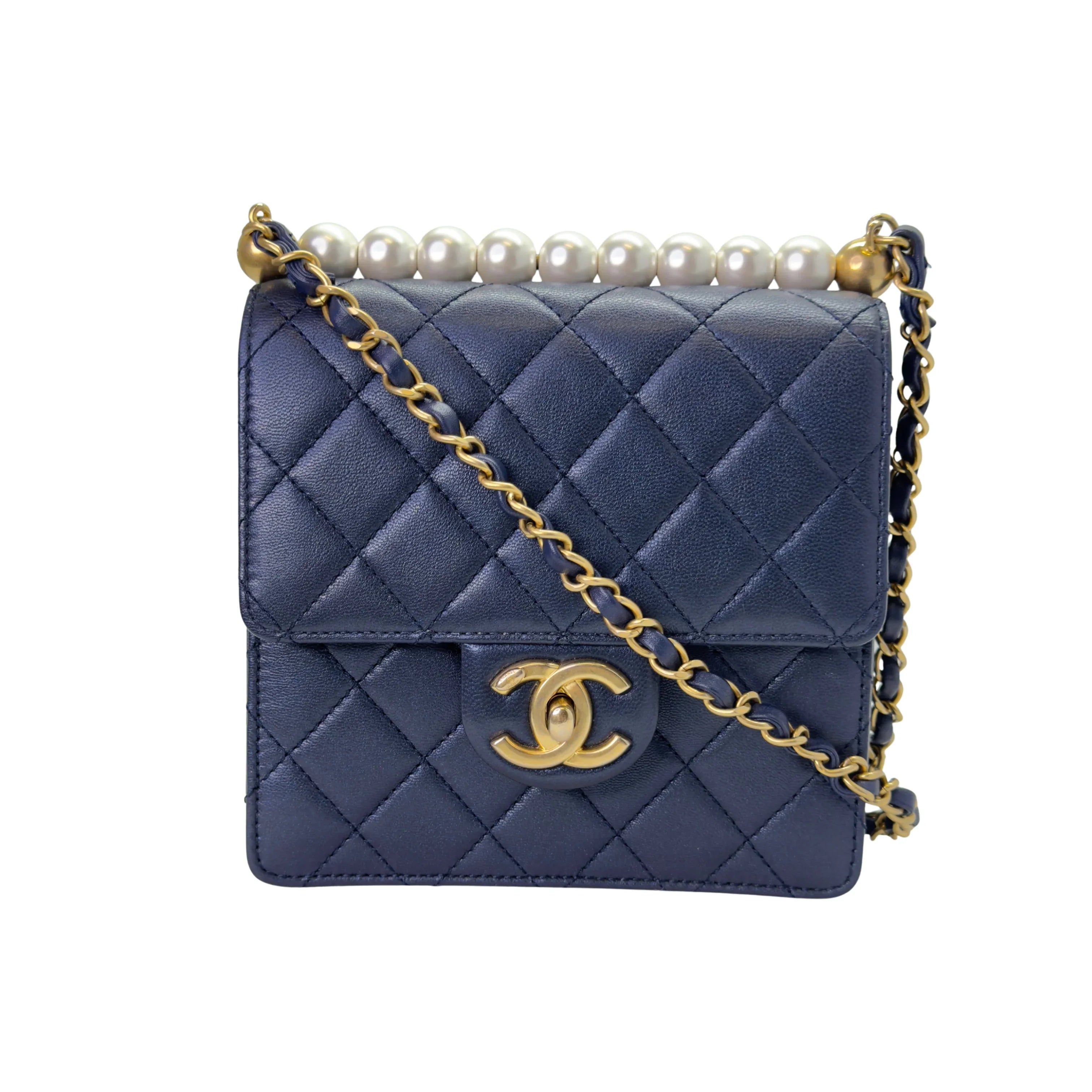 Chanel Iridescent Chic Pearls Lambskin Crossbody Bag Navy Blue - Lost Designer