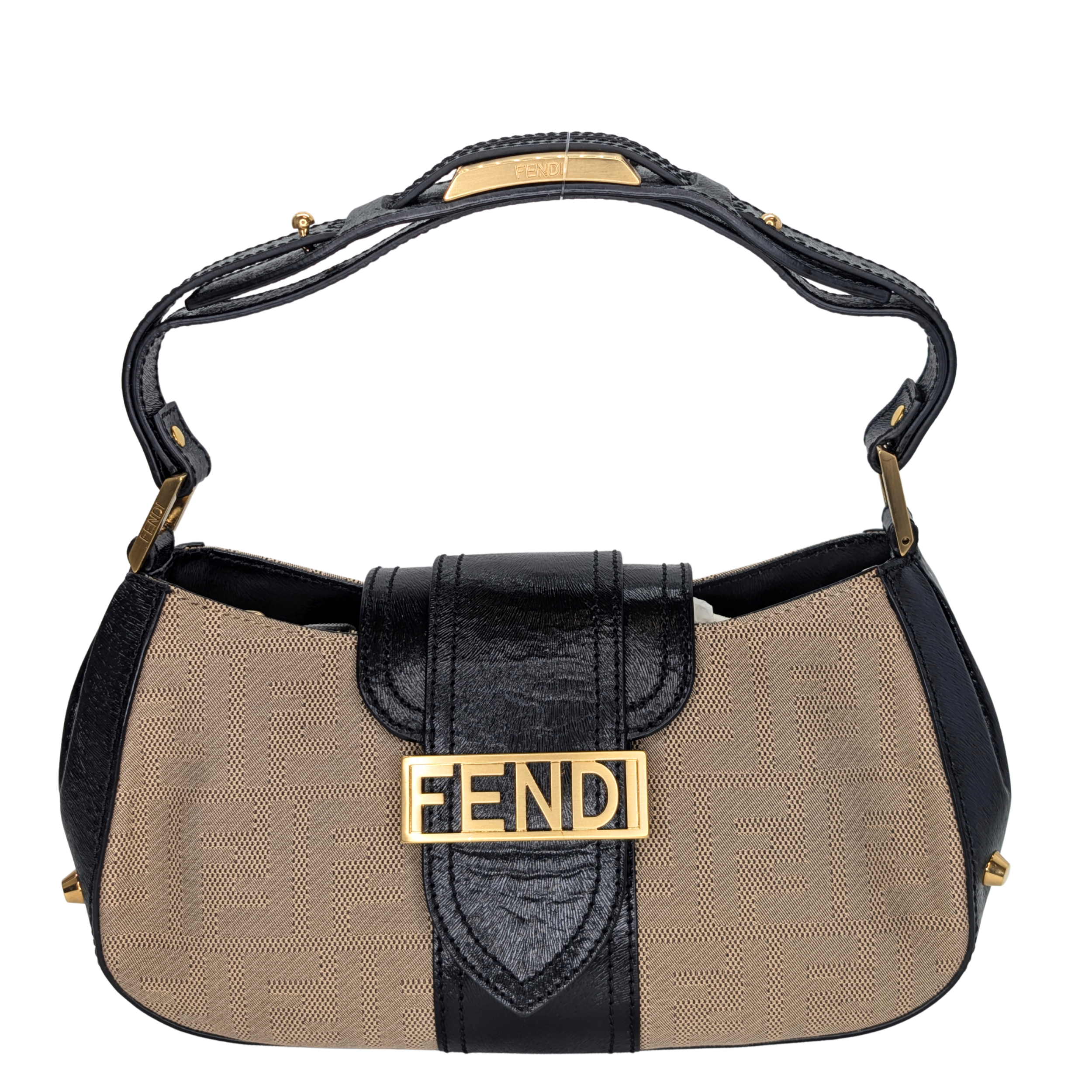 Fendi Logo Flap Baguette Bag Beige X Black