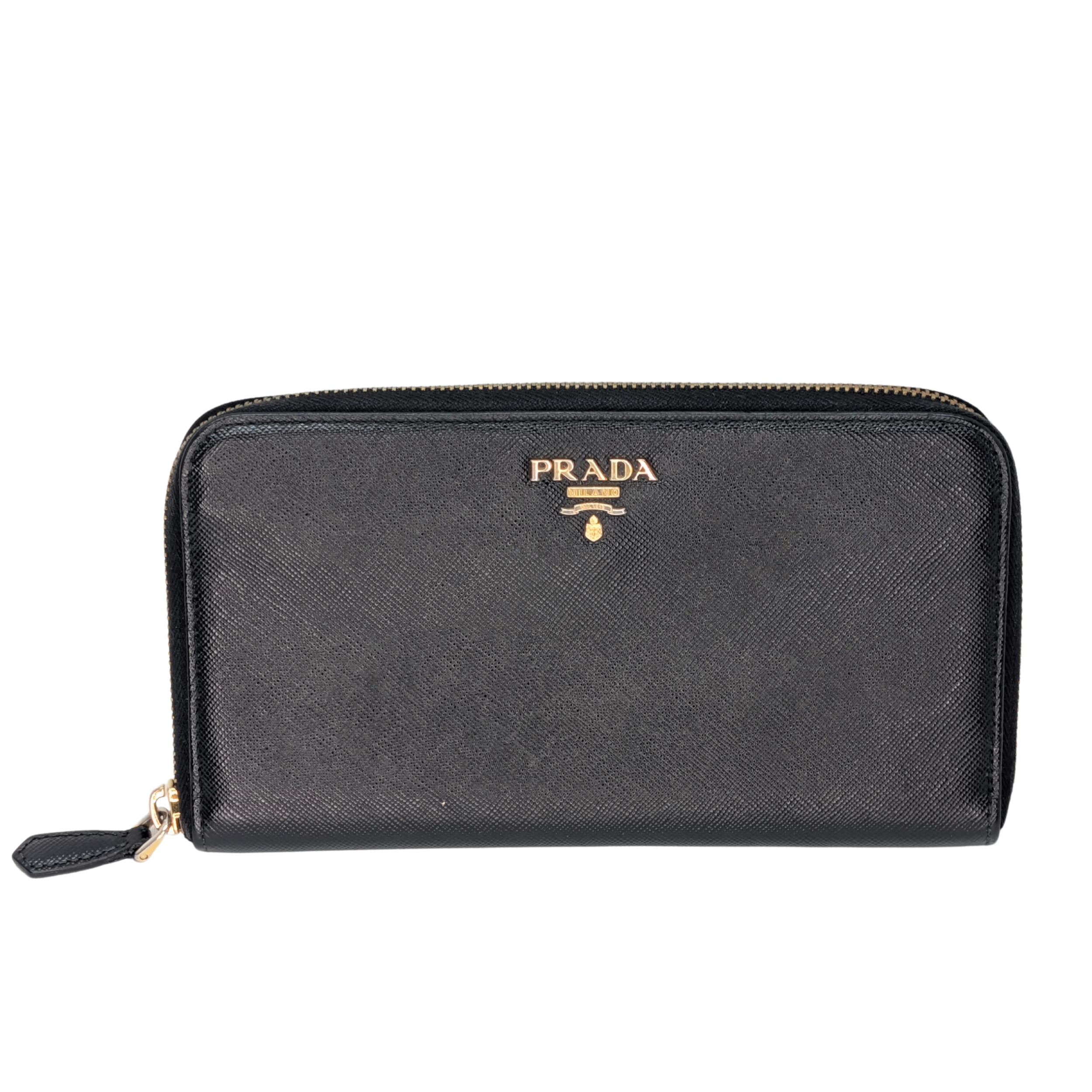 Prada Saffiano Leather Zip around Long Wallet Black