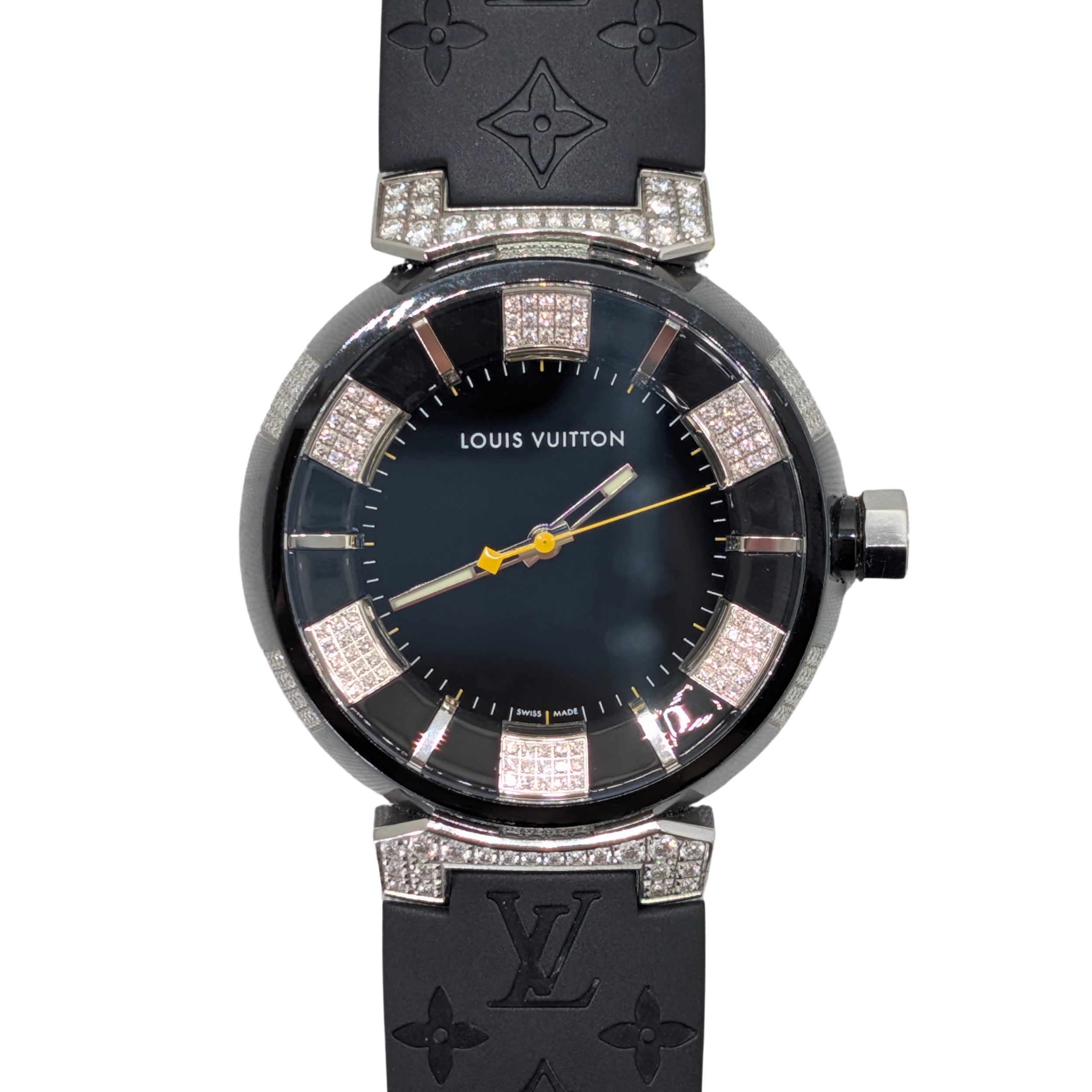 Louis Vuitton Tambour Q131Q Diamond Bezel & Dial Black Steel Watch