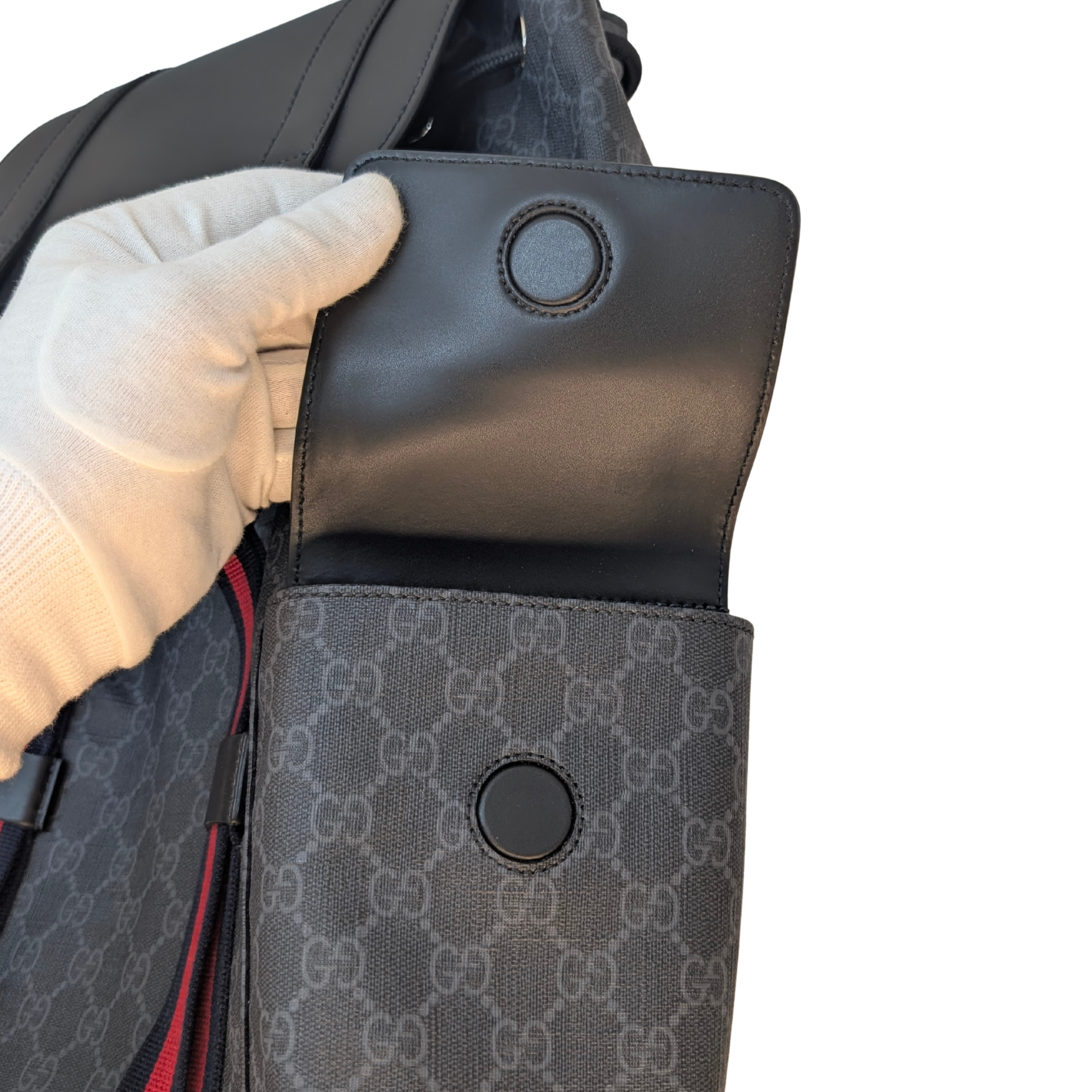 Gucci GG Supreme Monogram Calfskin Web Double Buckle Backpack Black