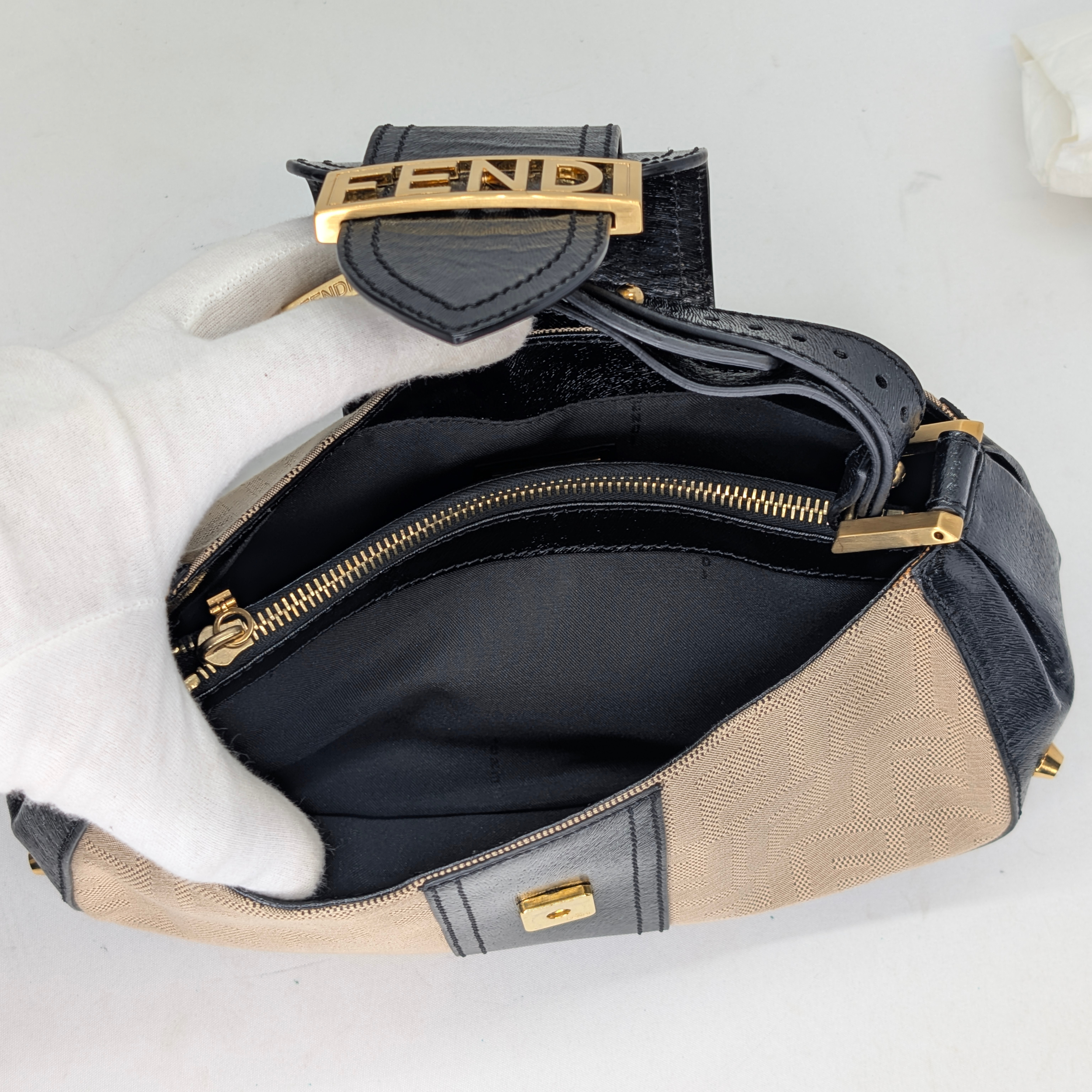 Fendi Logo Flap Baguette Bag Beige X Black