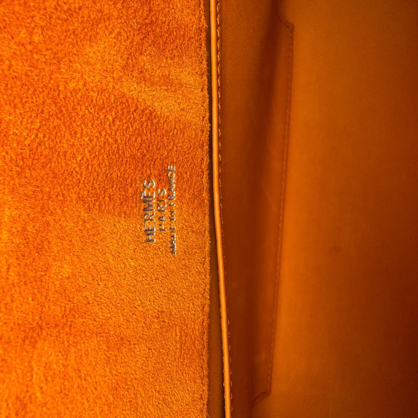 Hermès Kelly Pochette Orange H Veau Doblis Suede PWH ☐ I Stamp