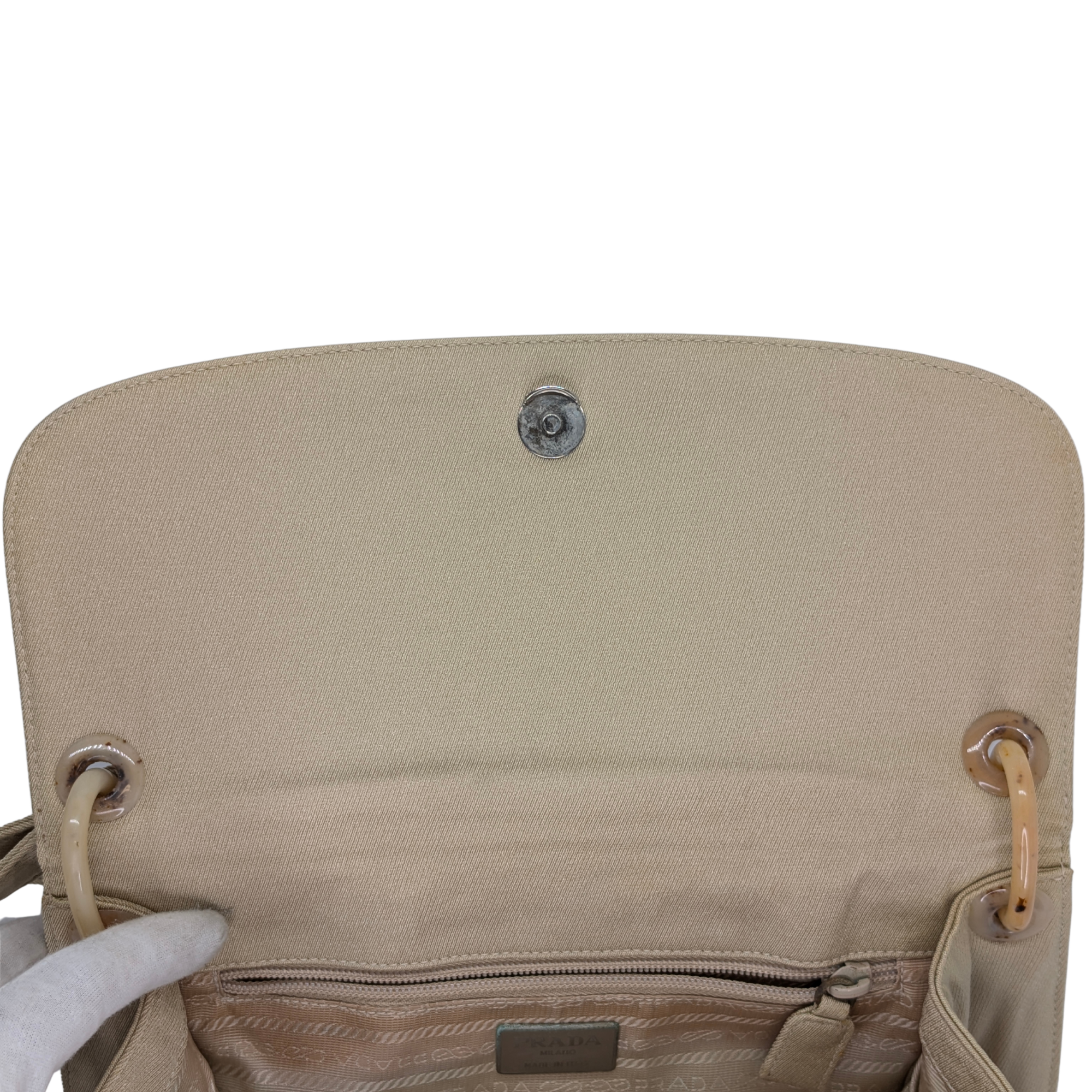 Prada Canvas & Tortoise Shell Shoulder Bag Beige