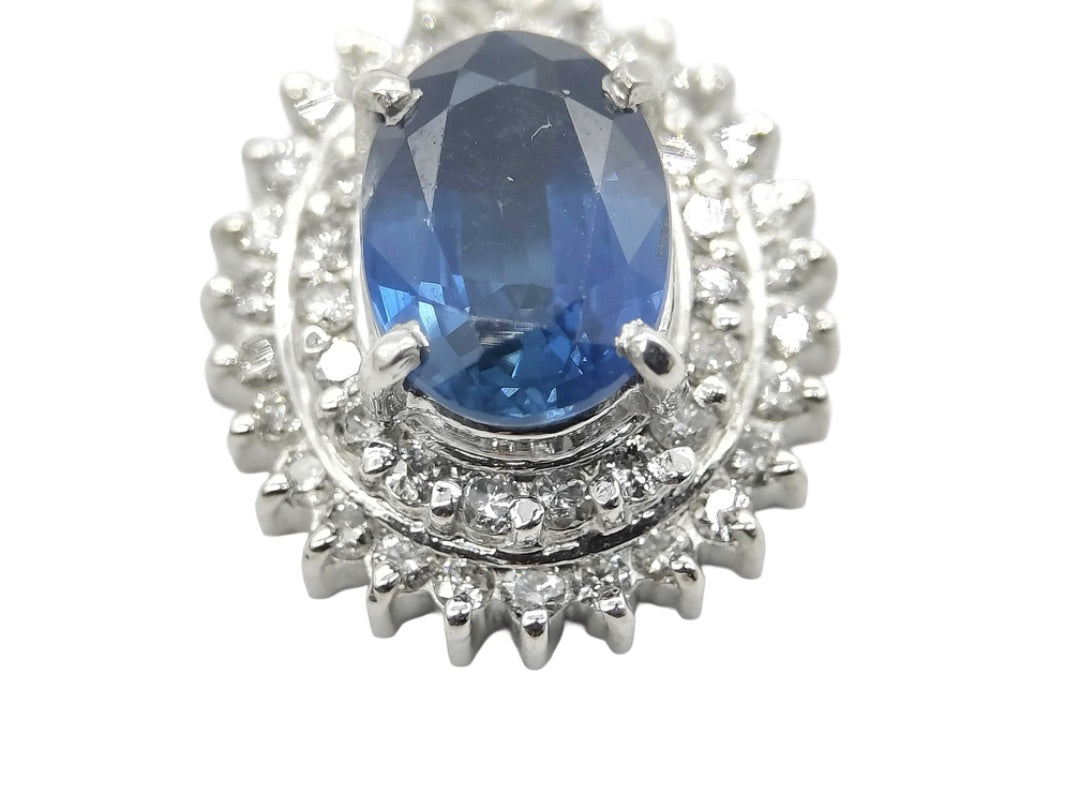 Platinum 900 Natural Sapphire 1.08CT & Diamond 0.25CT Oval Halo Pendant