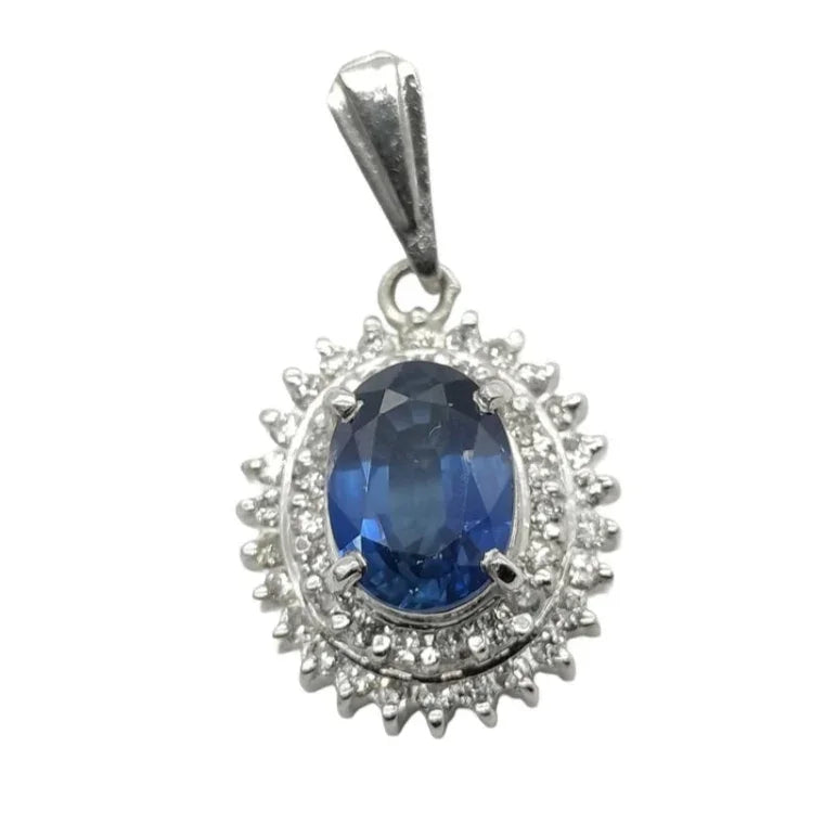 Platinum 900 Natural Sapphire 1.08CT & Diamond 0.25CT Oval Halo Pendant - Lost Designer