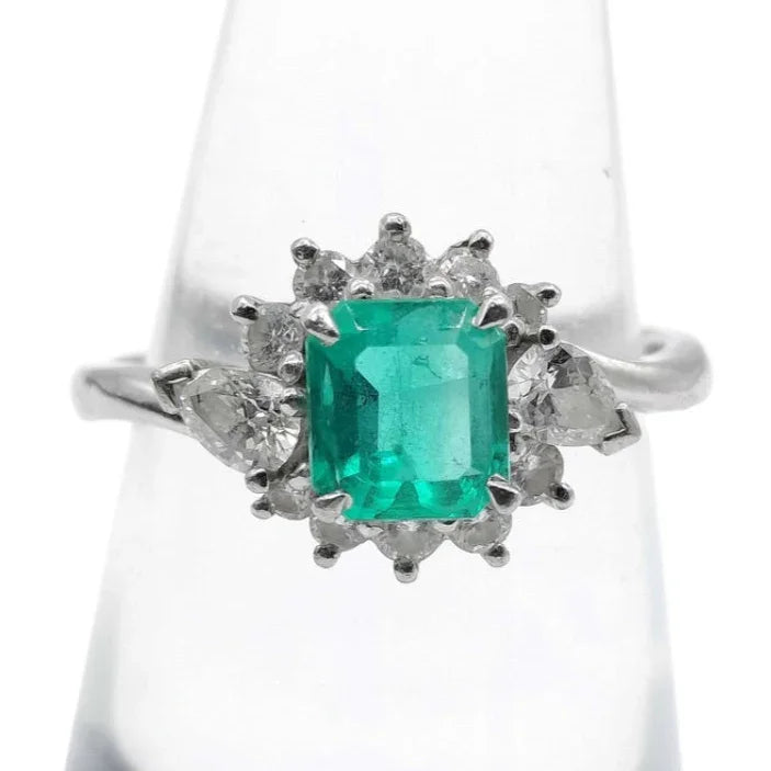 Platinum 900 Natural Emerald 0.82CT & Diamond 0.51CT Cluster Ring SIZE L½ - Lost Designer