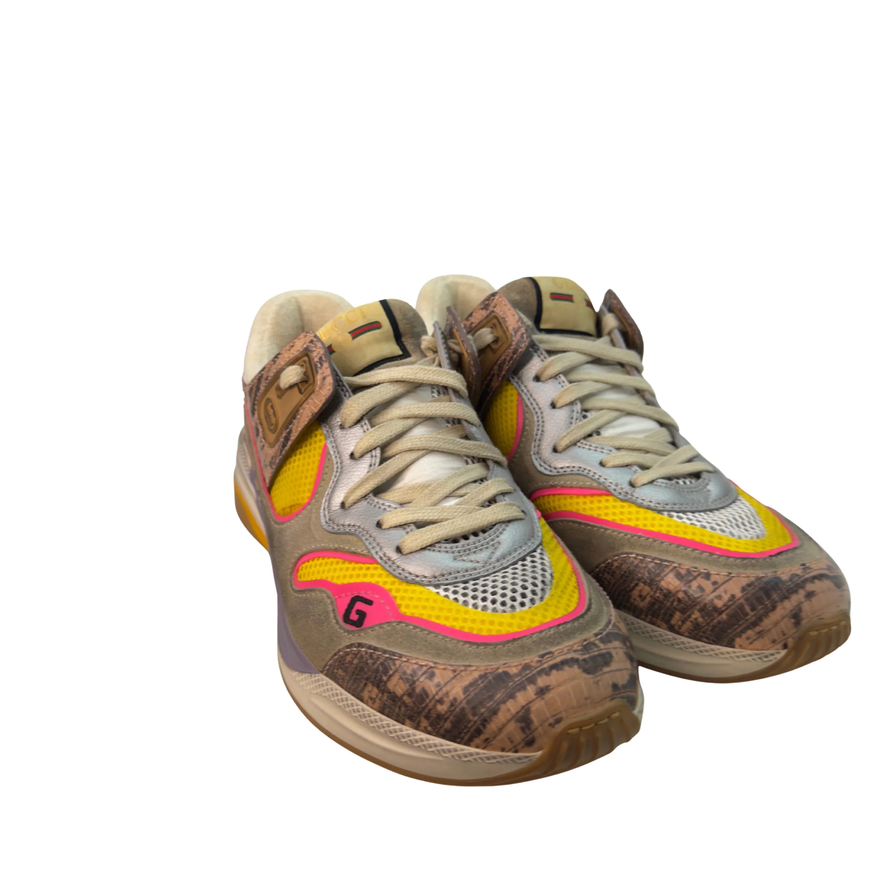 Gucci Suede Calfskin Tejus Printed Womens Ultrapace Sneakers Pink Silver Oatmeal Yolk 39 - Lost Designer