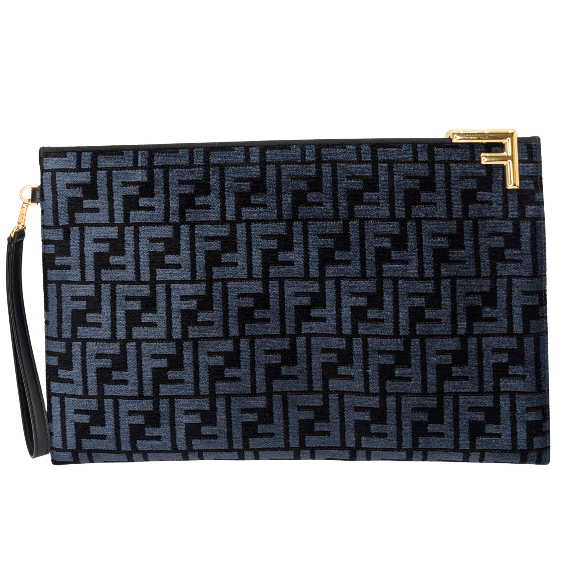 Fendi FF Jacquard Velvet Clutch Bag Navy Blue