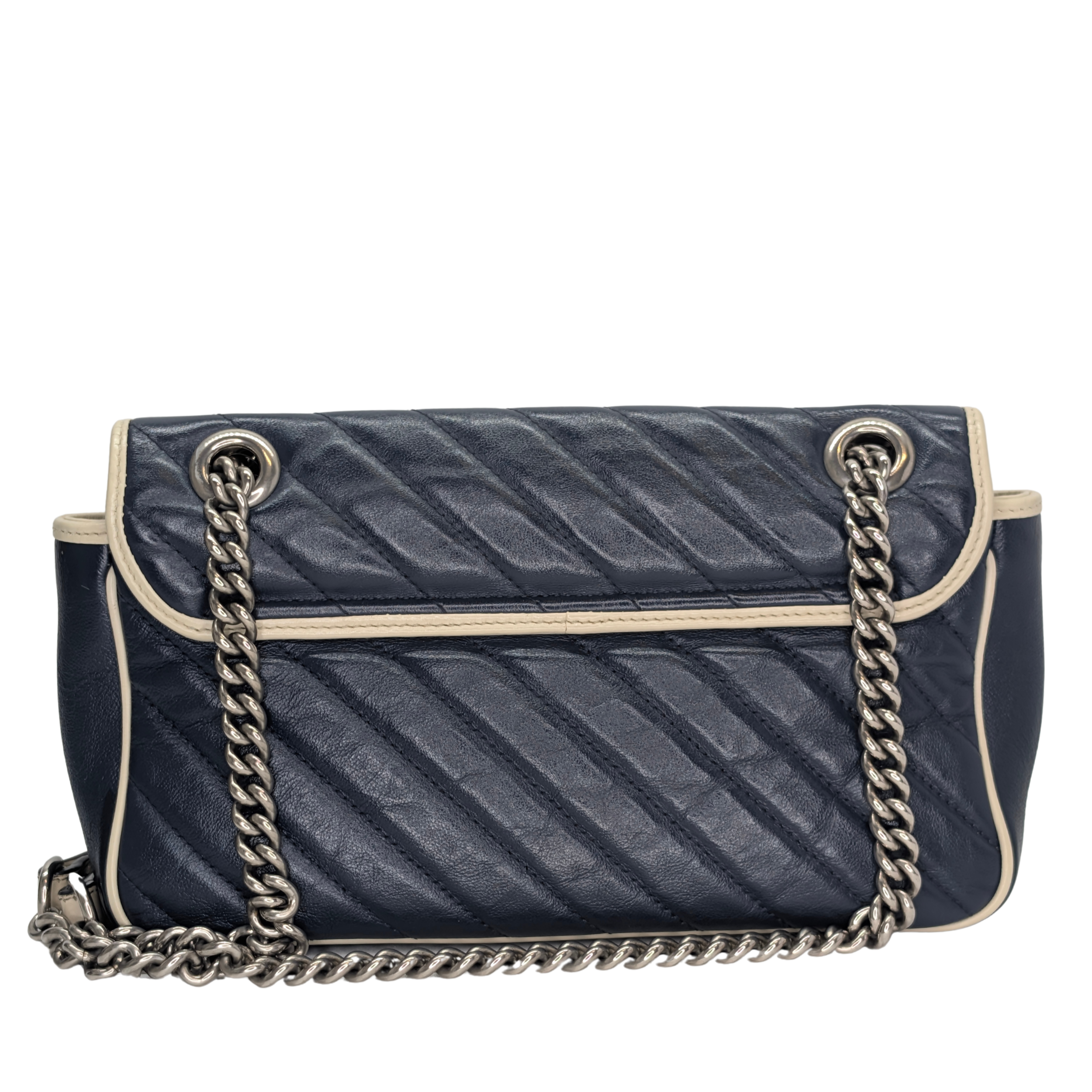 Gucci GG Marmont Matelassé Torchon Flap Crossbody Bag Navy White