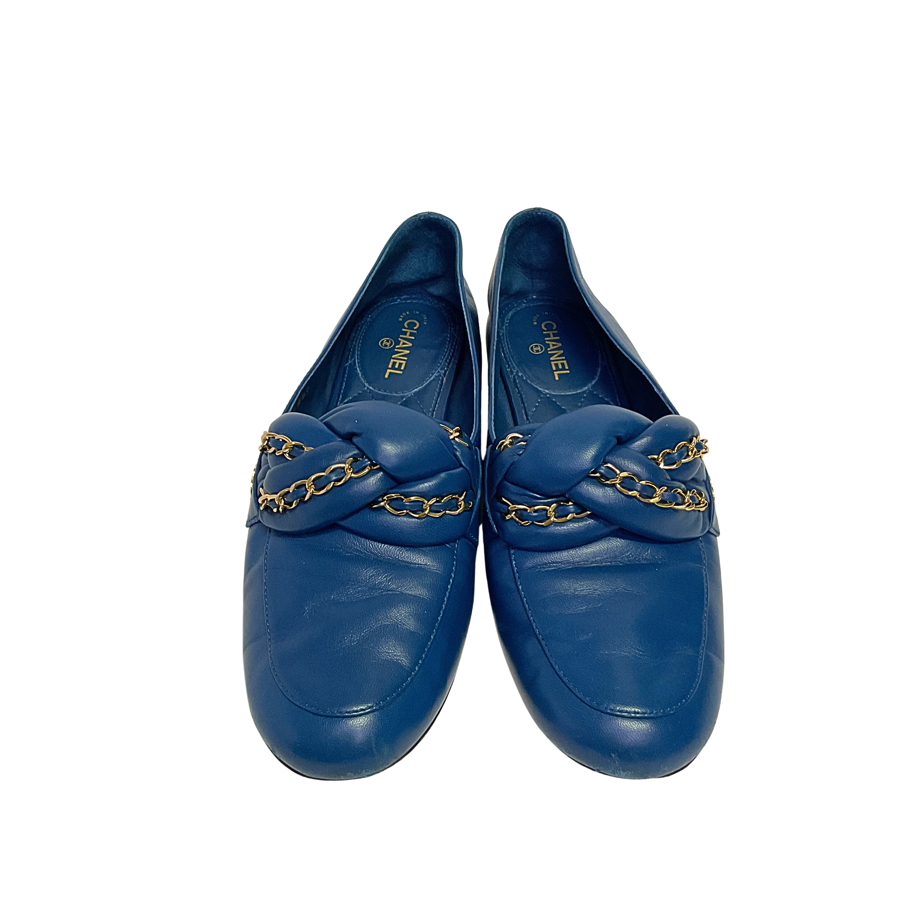 Chanel Braided Interlocking CC Loafers Blue Flats Size 38