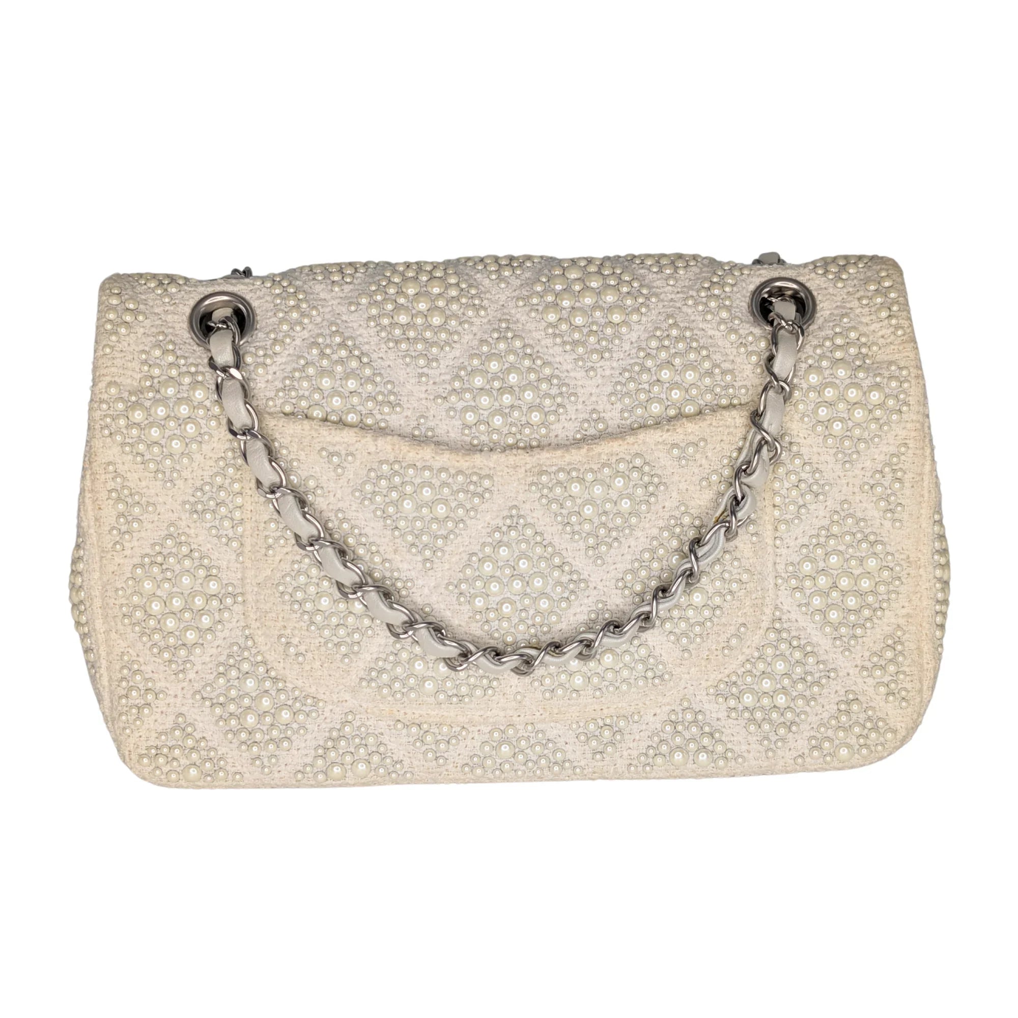 Chanel Classic Flap Pearl Embellished Shoulder Bag White - Lost Designer