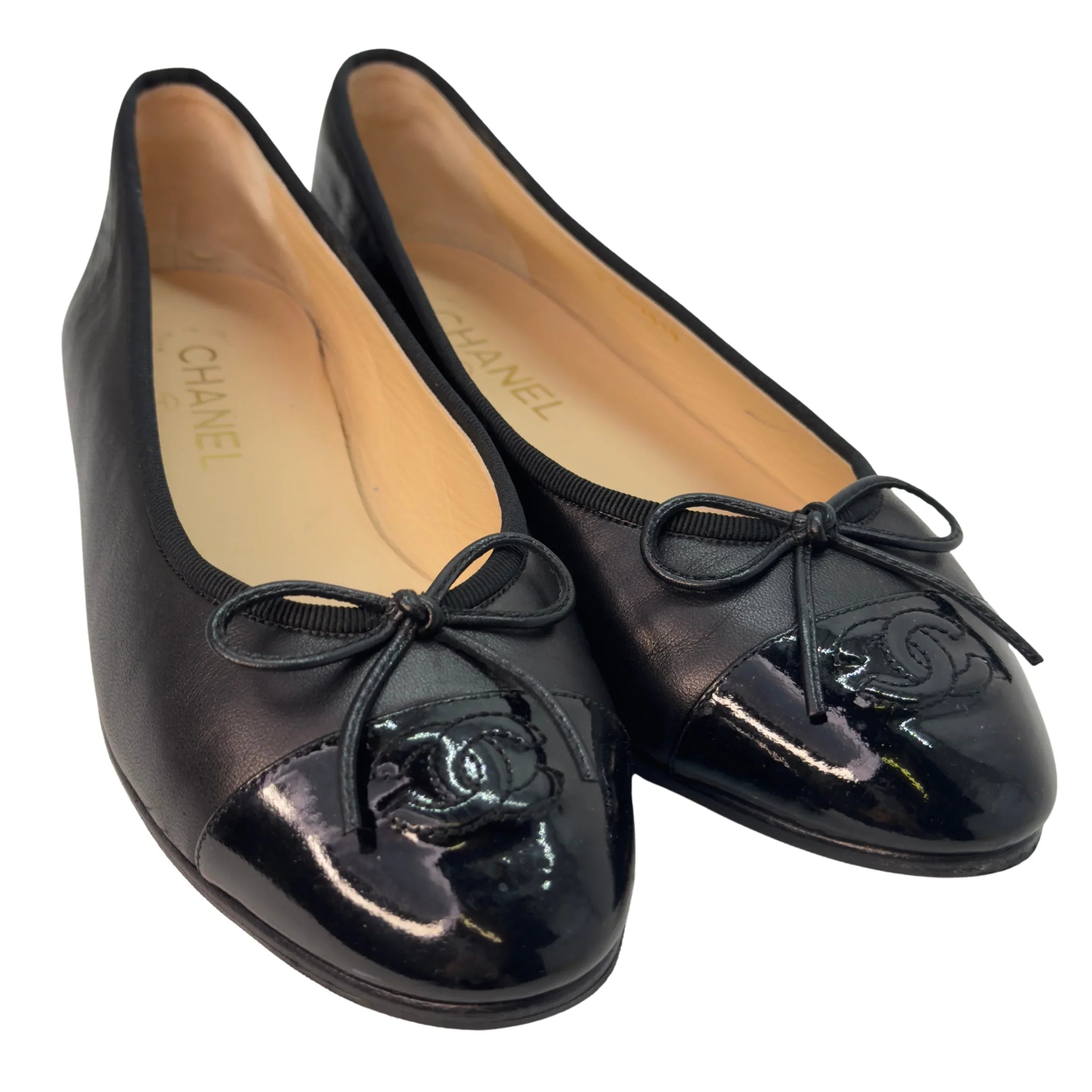 Chanel Patent Leather Cap Toe Ballerina Flats Black 39.5 - Lost Designer