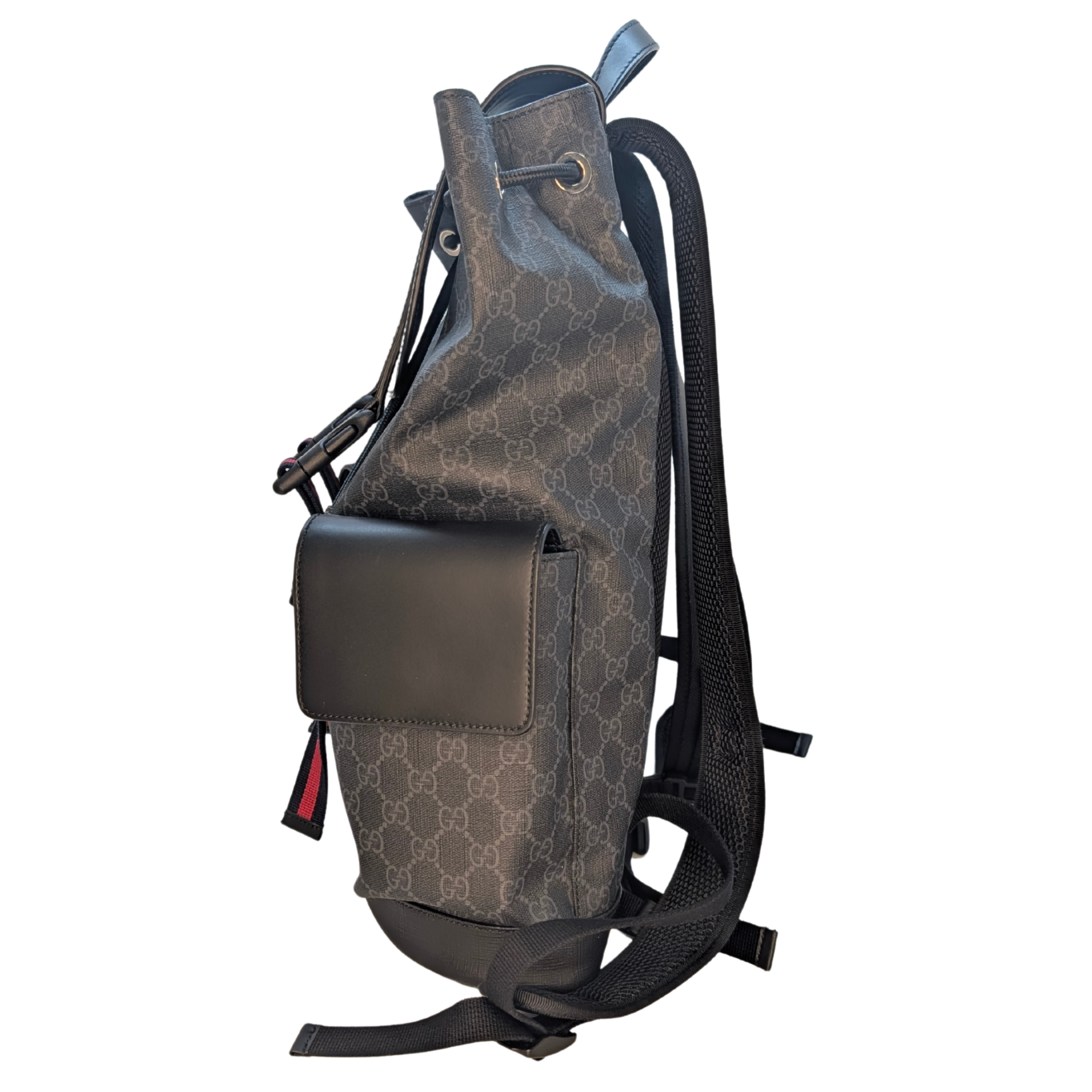 Gucci GG Supreme Monogram Calfskin Web Double Buckle Backpack Black