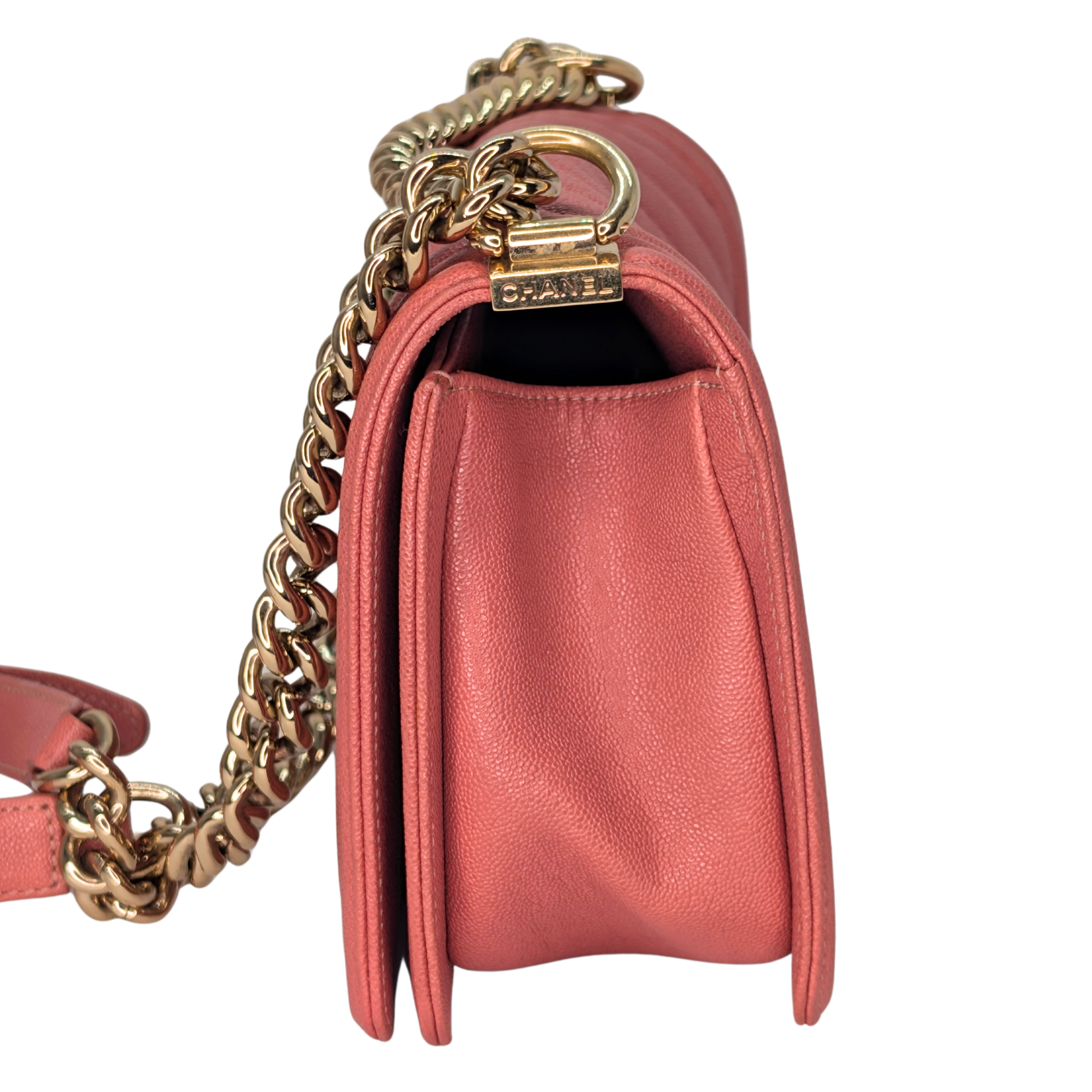 Chanel Caviar Chevron Quilted Medium Boy Flap Pink