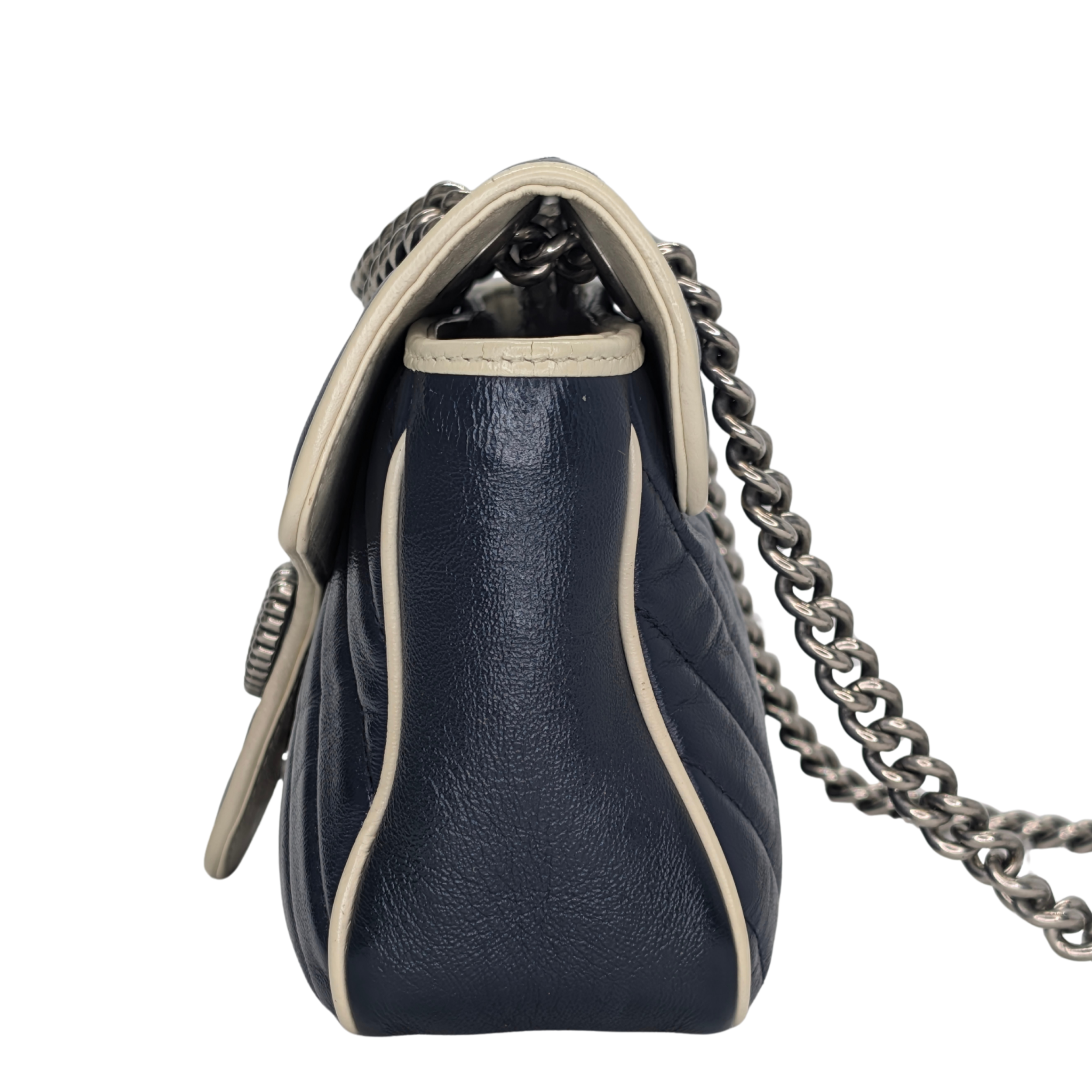 Gucci GG Marmont Matelassé Torchon Flap Crossbody Bag Navy White