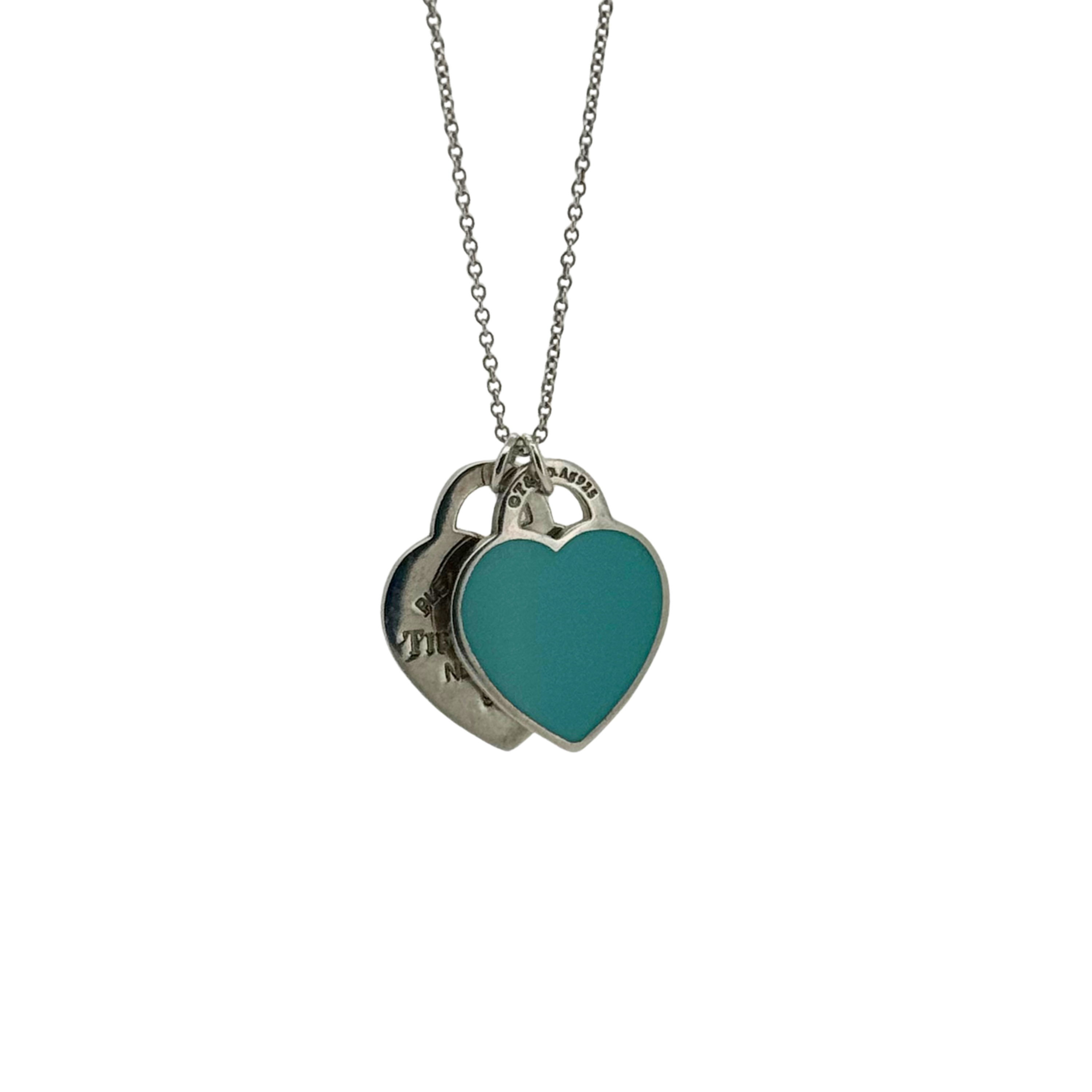 Tiffany & Co Blue Double Heart Tag Pendant Mini Necklace Silver 925